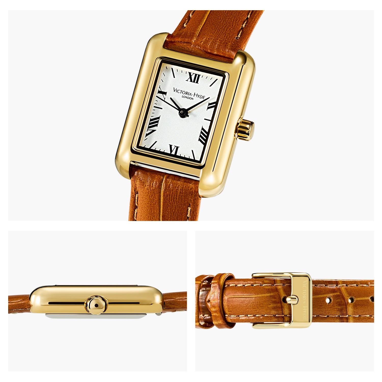Victory Hyde London RETRO women's watch, light gold square copper case, silver sand dial, brown bamboo leather strap, quartz movement.