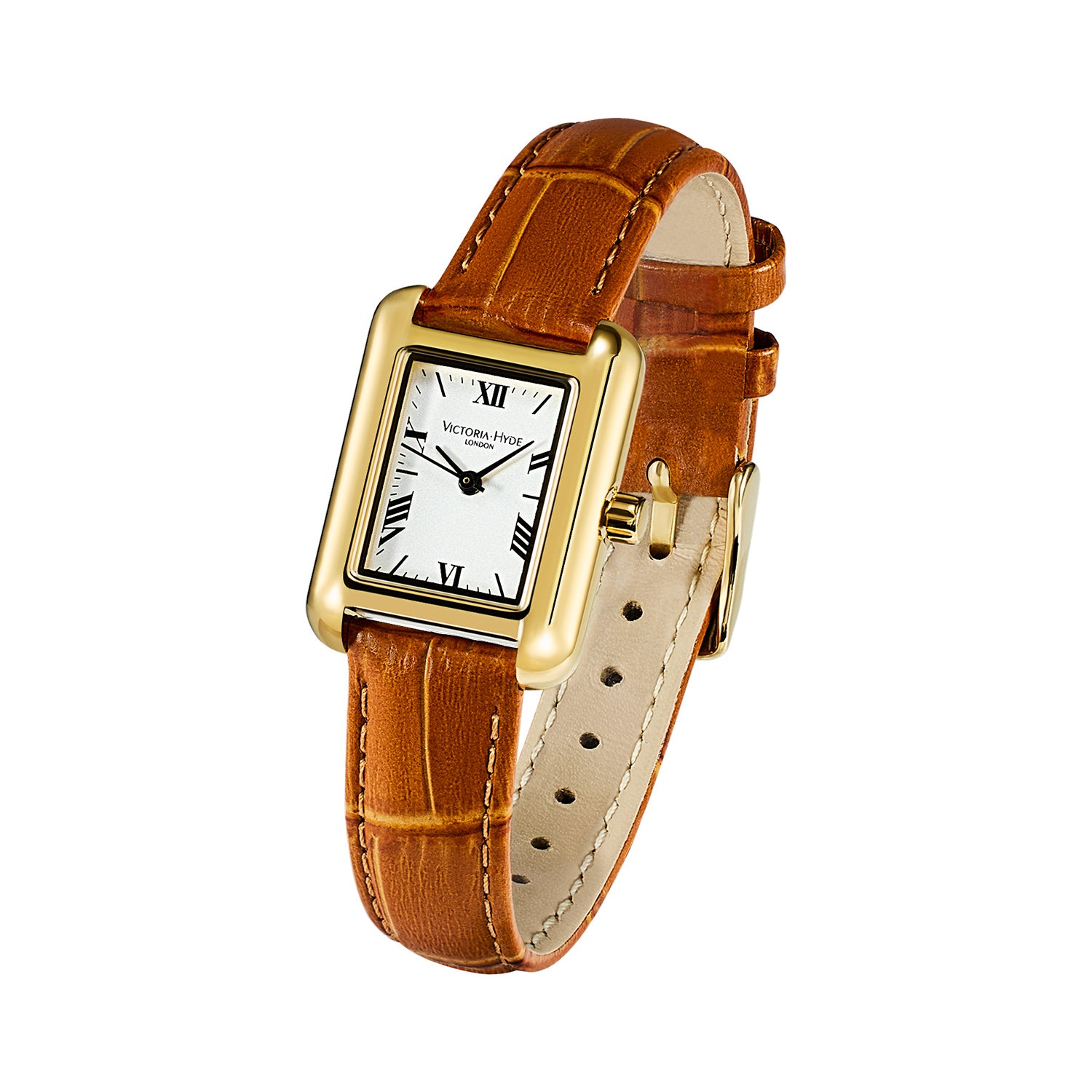 Victory Hyde London RETRO women's watch, light gold square copper case, silver sand dial, brown bamboo leather strap, quartz movement.