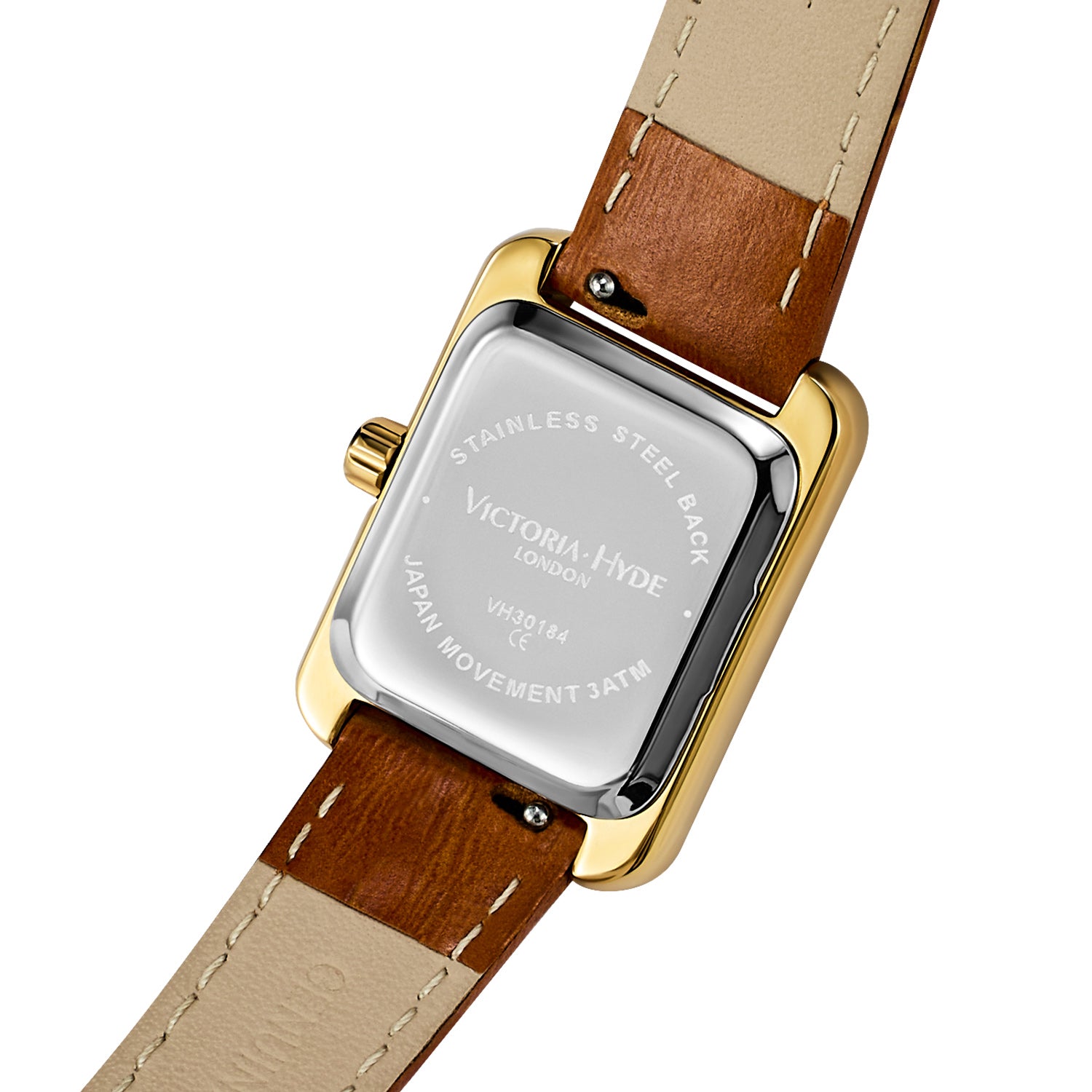 Victory Hyde London RETRO women's watch, light gold square copper case, silver sand dial, brown bamboo leather strap, quartz movement.