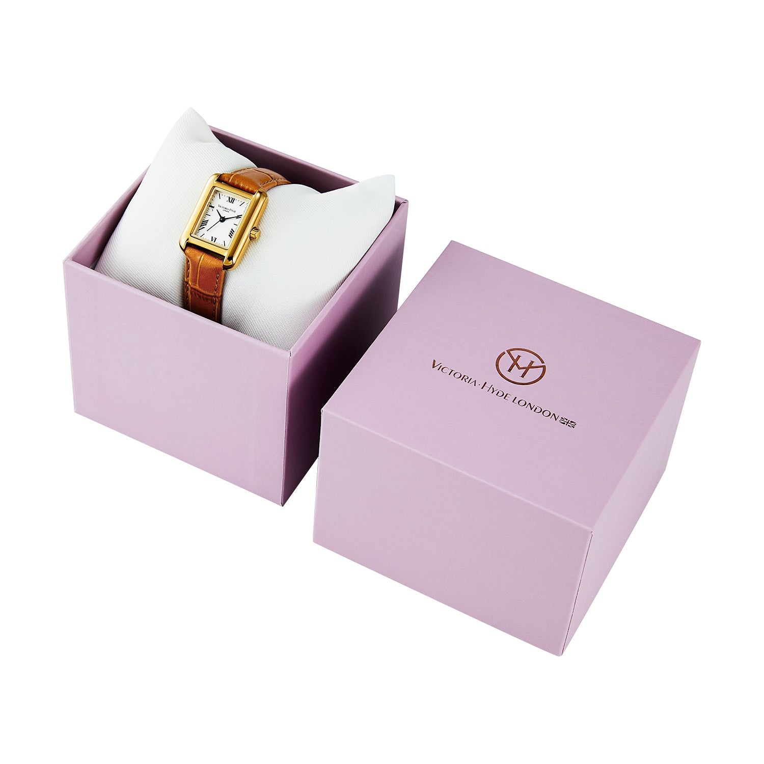 Victory Hyde London RETRO women's watch, light gold square copper case, silver sand dial, brown bamboo leather strap, quartz movement.
