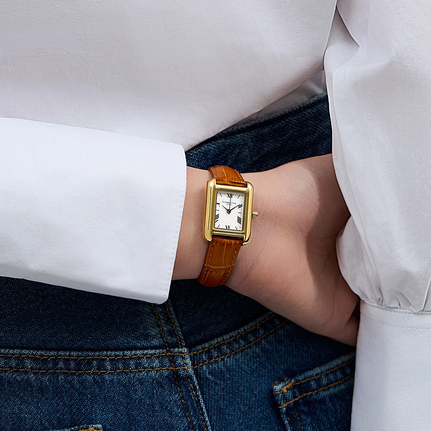 Victory Hyde London RETRO women's watch, light gold square copper case, silver sand dial, brown bamboo leather strap, quartz movement.