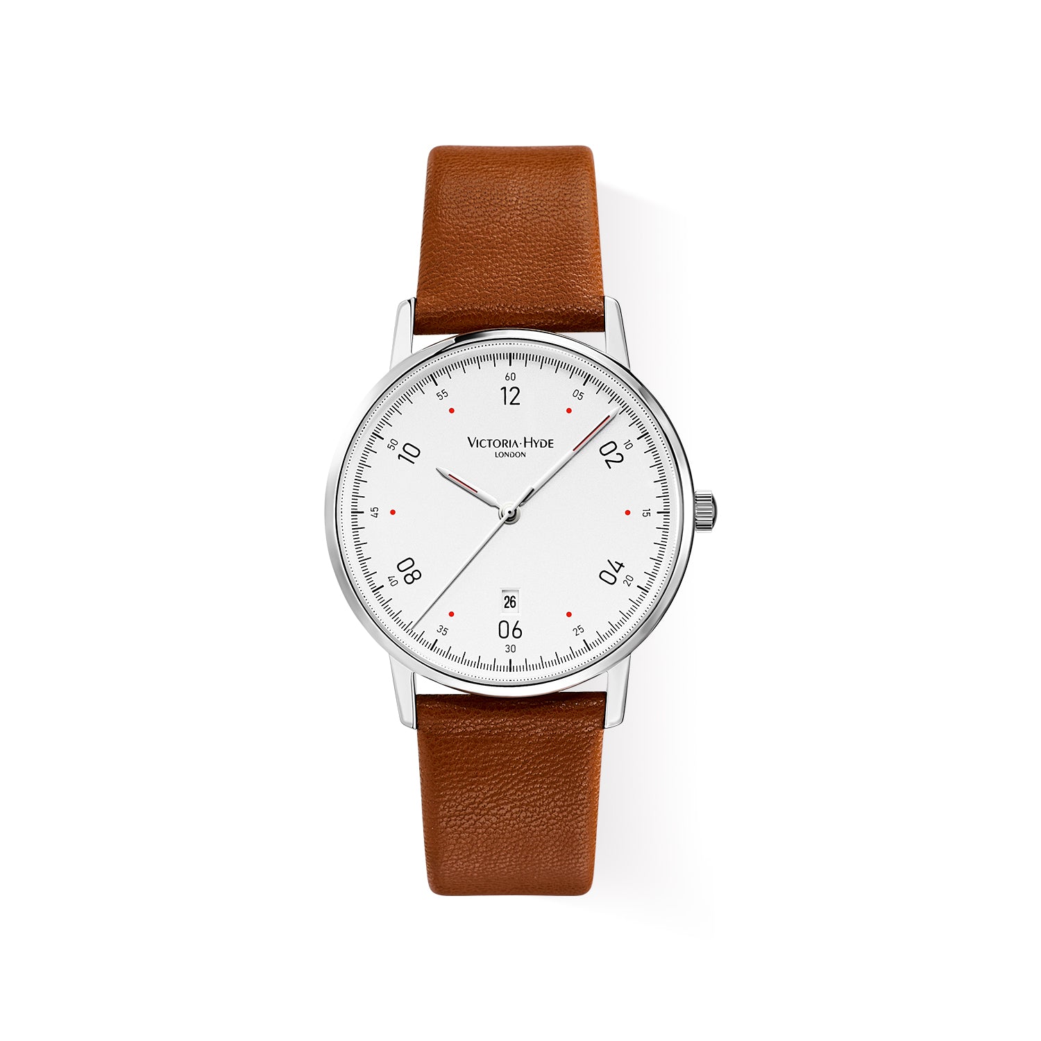 Victoria Hyde London Orton men's watch, silver eco-friendly copper case 39mm, sand-effect dial, brown apple leather strap, quartz movement, 3ATM.