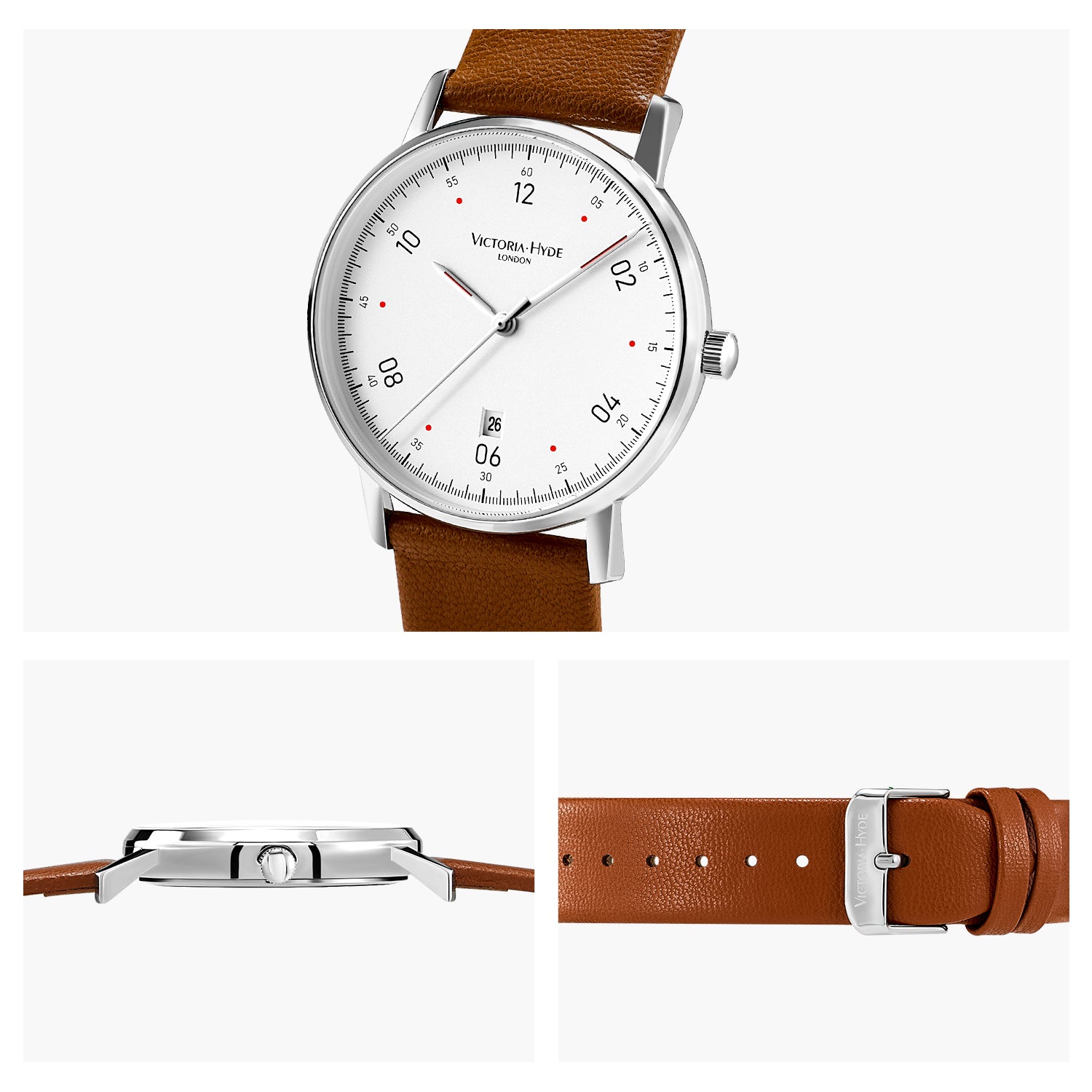 Victoria Hyde London Orton men's watch, silver eco-friendly copper case 39mm, sand-effect dial, brown apple leather strap, quartz movement, 3ATM.