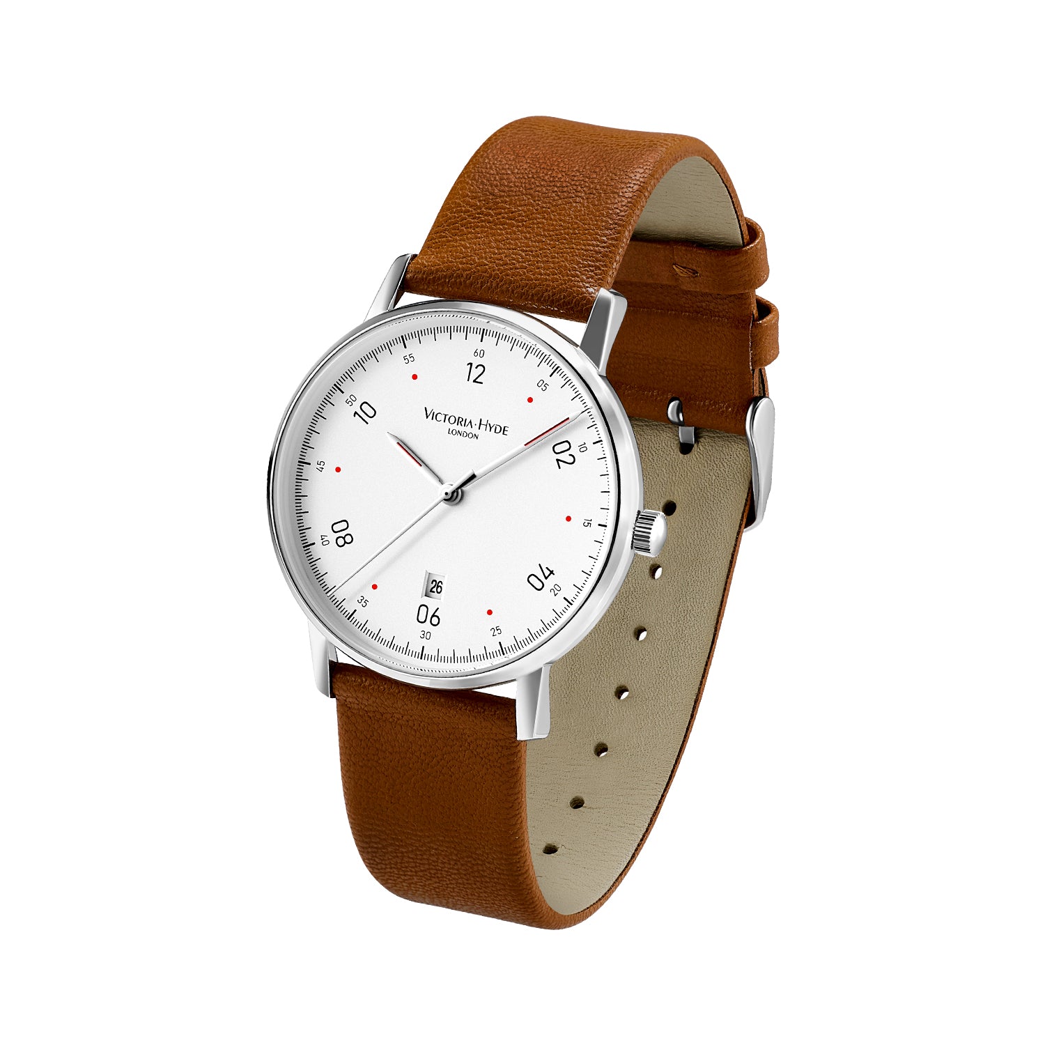 Victoria Hyde London Orton men's watch, silver eco-friendly copper case 39mm, sand-effect dial, brown apple leather strap, quartz movement, 3ATM.