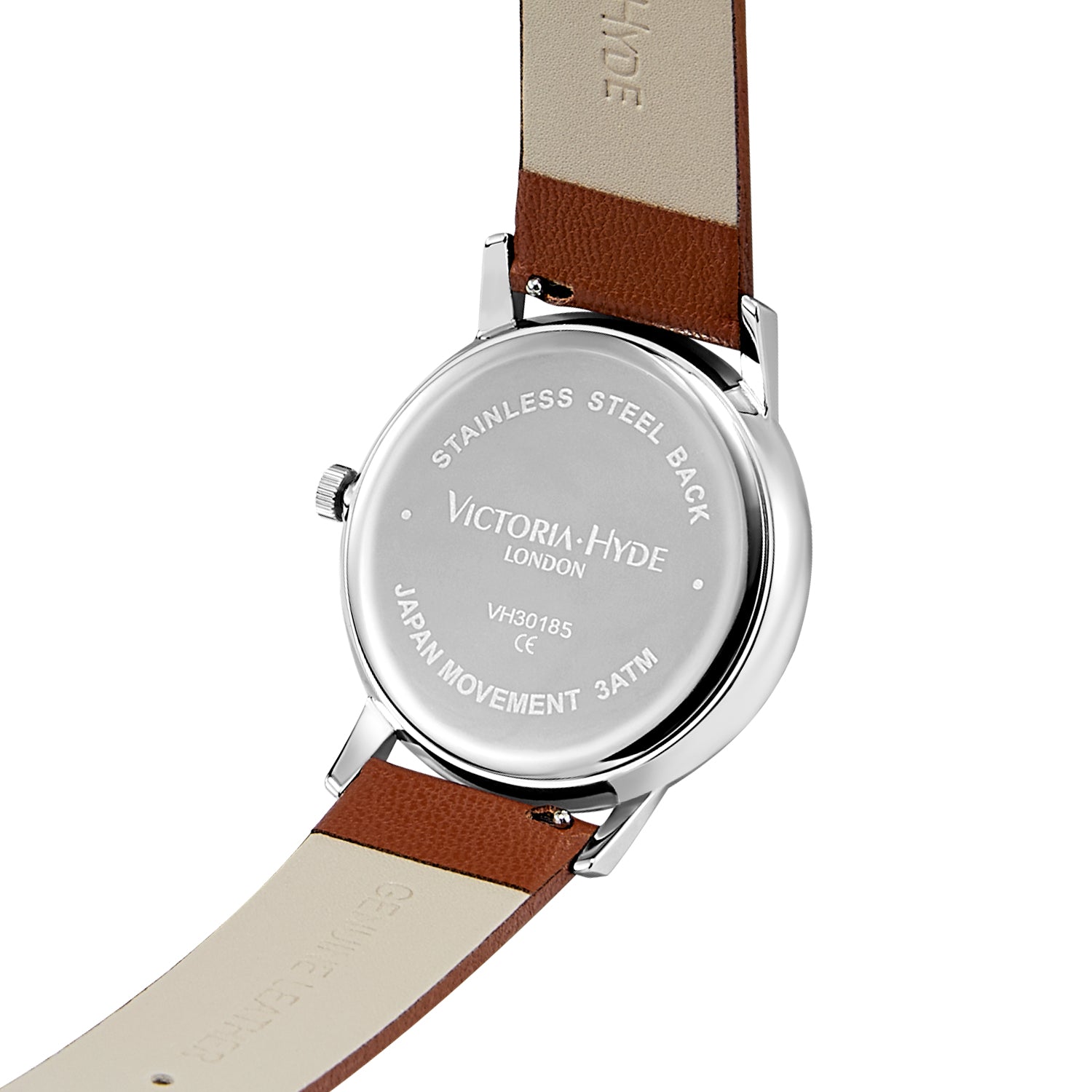 Victoria Hyde London Orton men's watch, silver eco-friendly copper case 39mm, sand-effect dial, brown apple leather strap, quartz movement, 3ATM.
