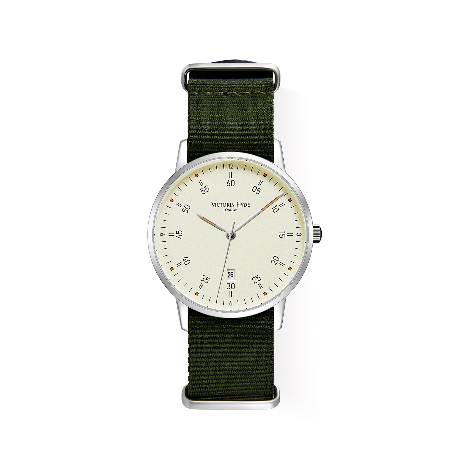 Victoria Hyde London Orton men’s watch – silver copper case 39mm, beige sand-effect dial, dark green nylon strap, quartz movement, 3ATM water resistant.
