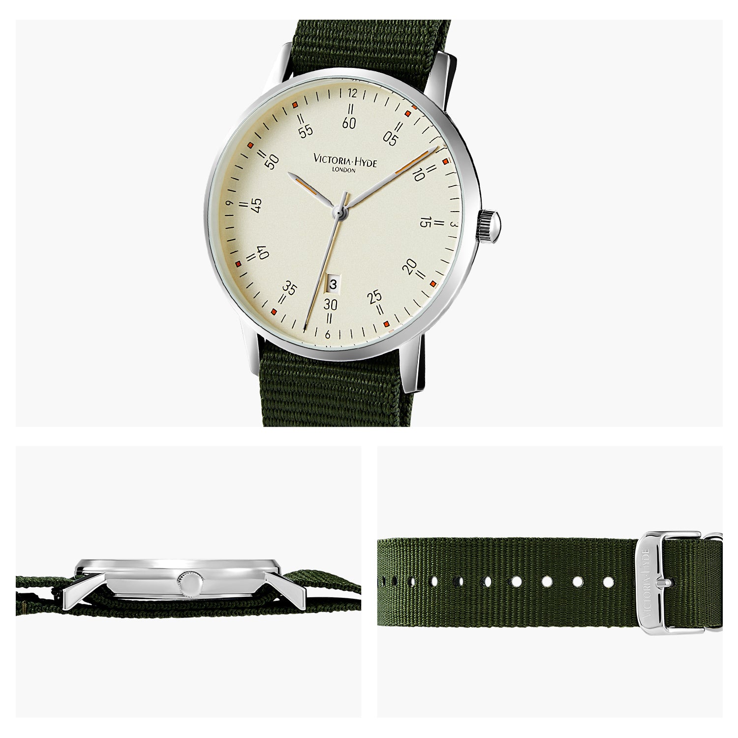Victoria Hyde London Orton men’s watch – silver copper case 39mm, beige sand-effect dial, dark green nylon strap, quartz movement, 3ATM water resistant.