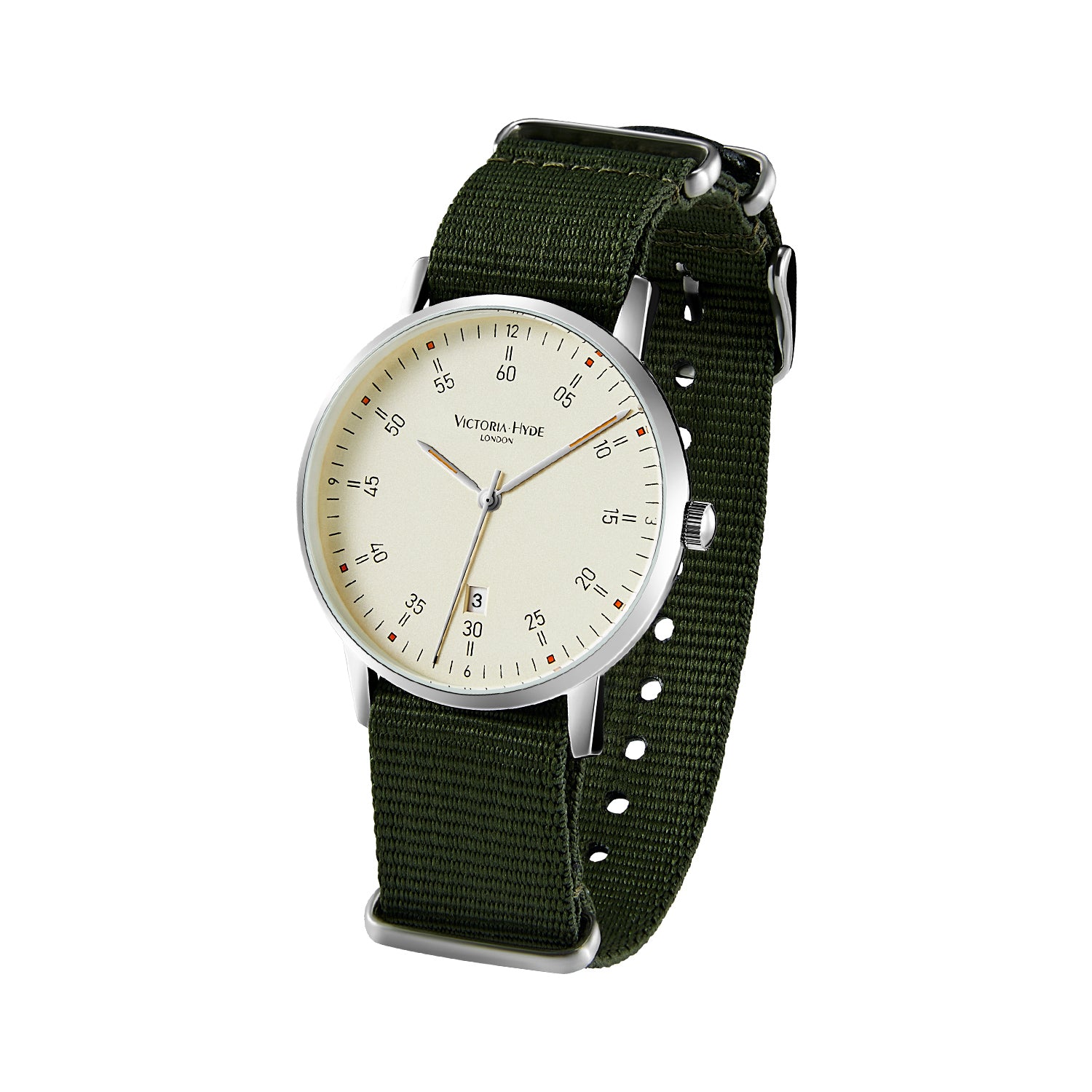 Victoria Hyde London Orton men’s watch – silver copper case 39mm, beige sand-effect dial, dark green nylon strap, quartz movement, 3ATM water resistant.