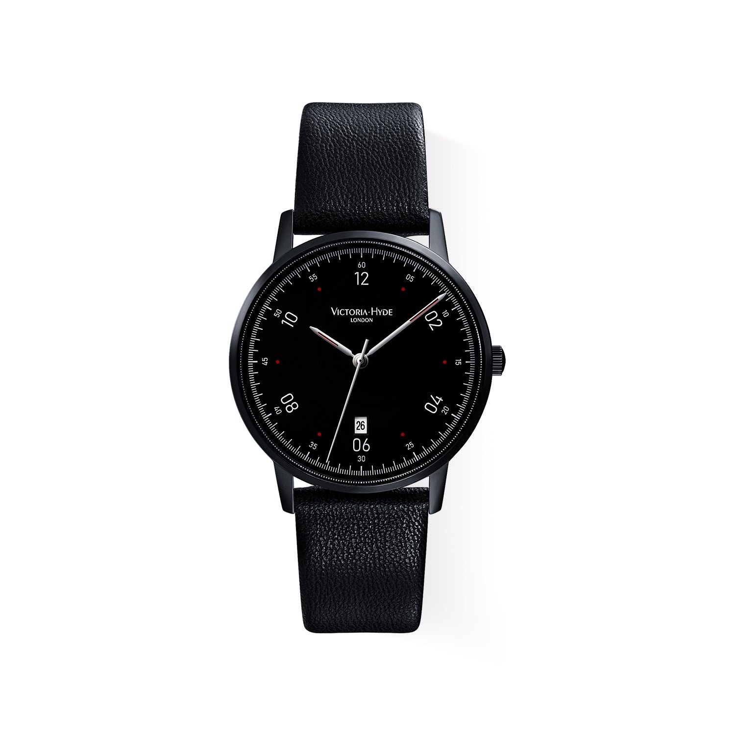 Victoria Hyde London Orton men's black watch – 39mm eco-friendly copper case, sand-effect dial, apple leather strap, quartz movement, 3ATM water resistance.