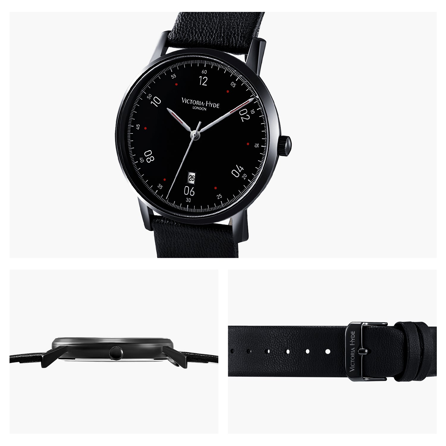 Victoria Hyde London Orton men's black watch – 39mm eco-friendly copper case, sand-effect dial, apple leather strap, quartz movement, 3ATM water resistance.