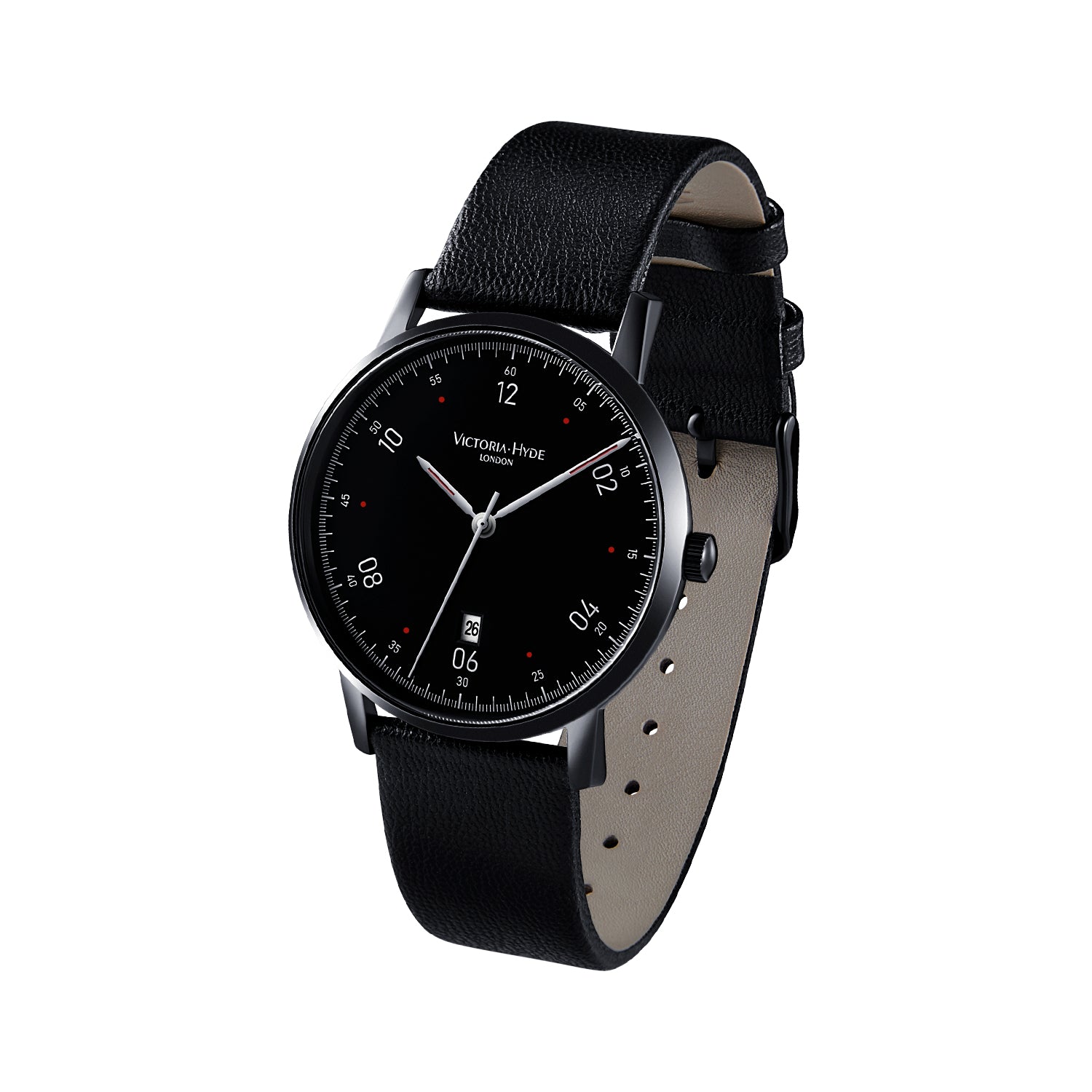 Victoria Hyde London Orton men's black watch – 39mm eco-friendly copper case, sand-effect dial, apple leather strap, quartz movement, 3ATM water resistance.