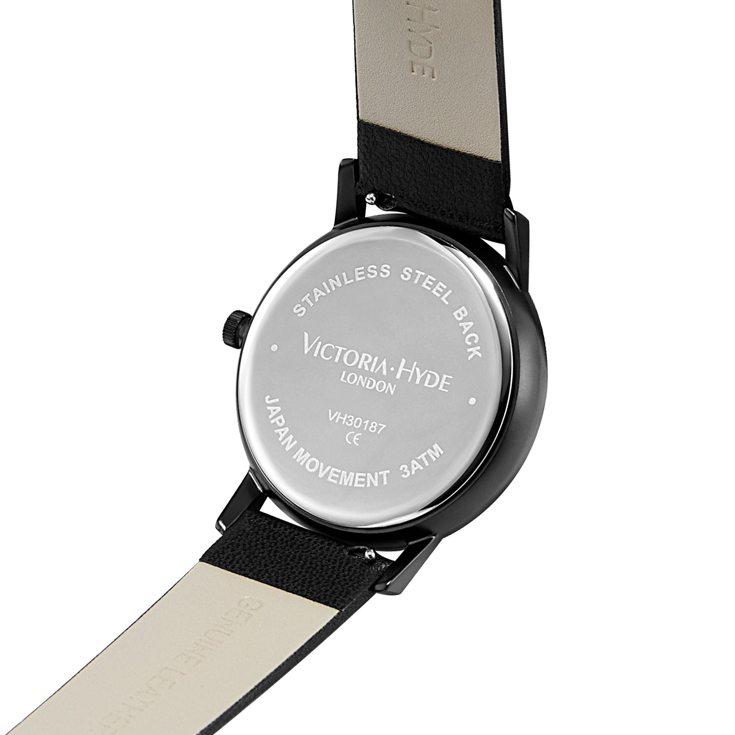 Victoria Hyde London Orton men's black watch – 39mm eco-friendly copper case, sand-effect dial, apple leather strap, quartz movement, 3ATM water resistance.