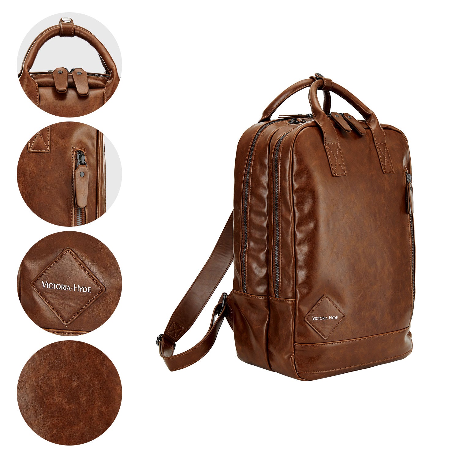 Victoria Hyde London Cowboy backpack – faux leather laptop backpack for work & daily use, padded 15" compartment, PU leather, 27x39x16 cm, 0.96 kg.