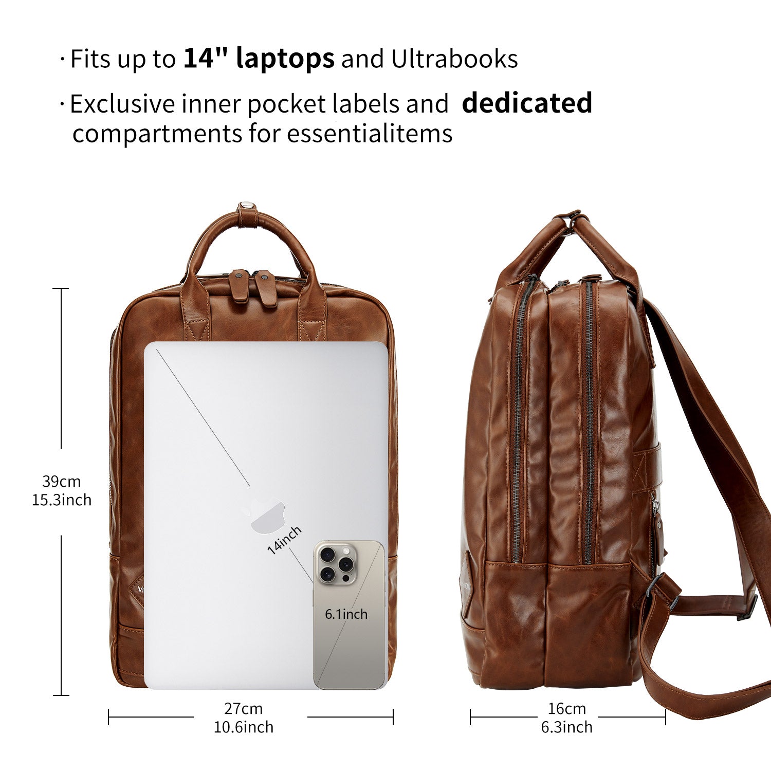 Victoria Hyde London Cowboy backpack – faux leather laptop backpack for work &amp; daily use, padded 15" compartment, PU leather, 27x39x16 cm, 0.96 kg.