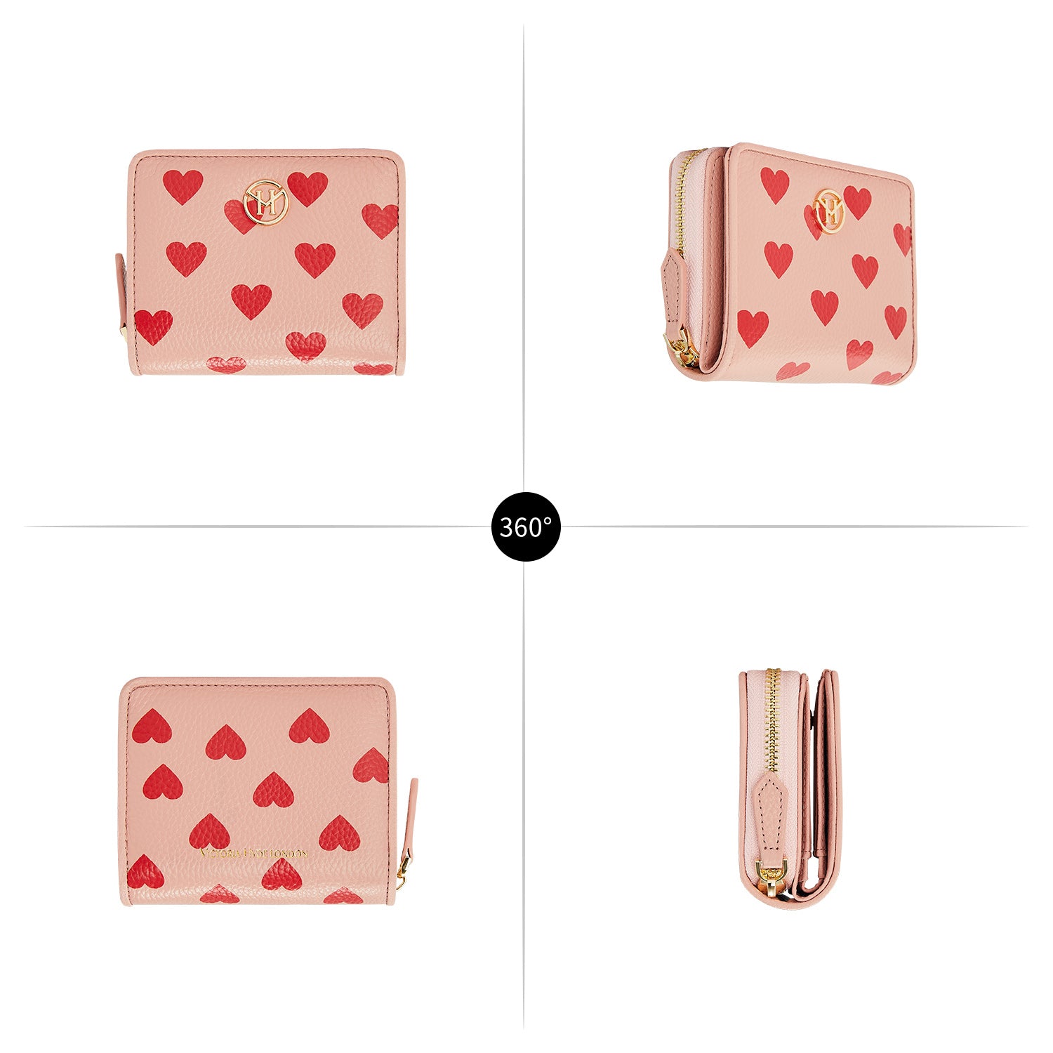 Victoria Hyde Avila pink leather wallet – compact billfold with card slots, coin pocket, heart details, light gold hardware, 11.7x10x3.5 cm, 0.12kg.