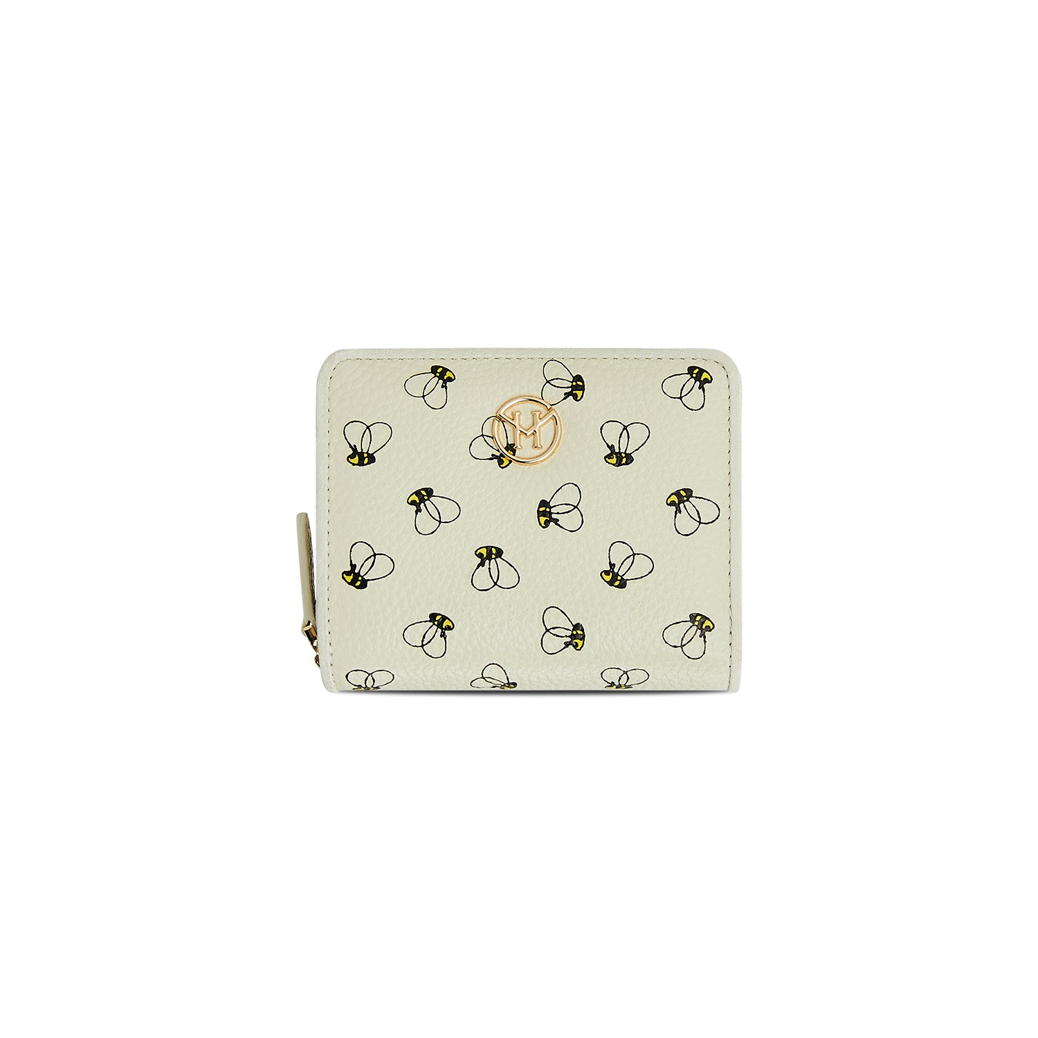 Victoria Hyde Avila white wallet with bee pattern – slim cowhide leather, card slots, bill compartment, zippered coin pocket, light gold hardware, 11.7x10x3.5 cm.