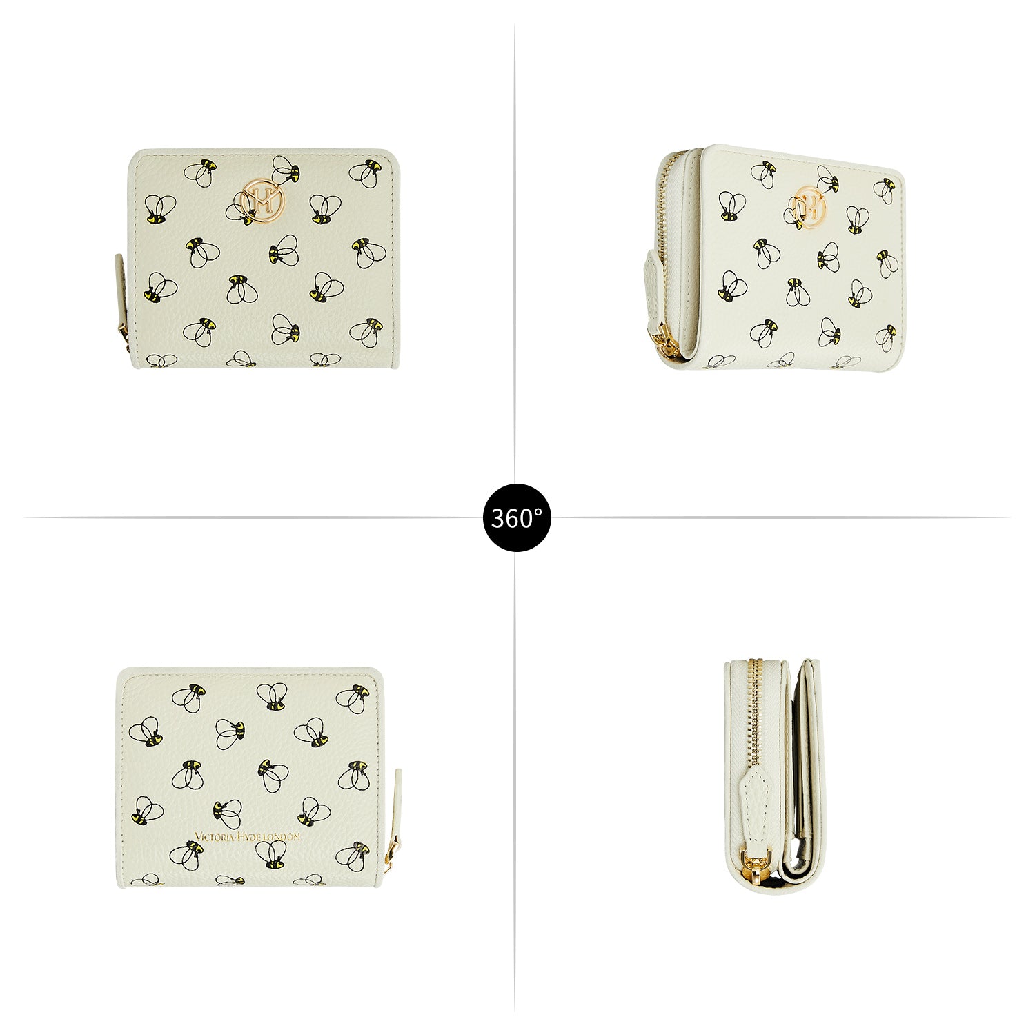 Victoria Hyde Avila white wallet with bee pattern – slim cowhide leather, card slots, bill compartment, zippered coin pocket, light gold hardware, 11.7x10x3.5 cm.