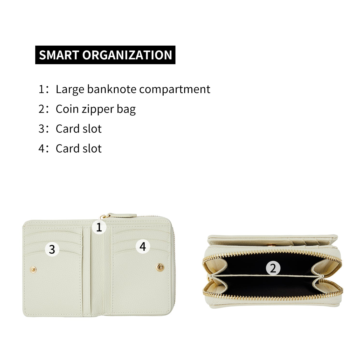 Victoria Hyde Avila white wallet with bee pattern – slim cowhide leather, card slots, bill compartment, zippered coin pocket, light gold hardware, 11.7x10x3.5 cm.