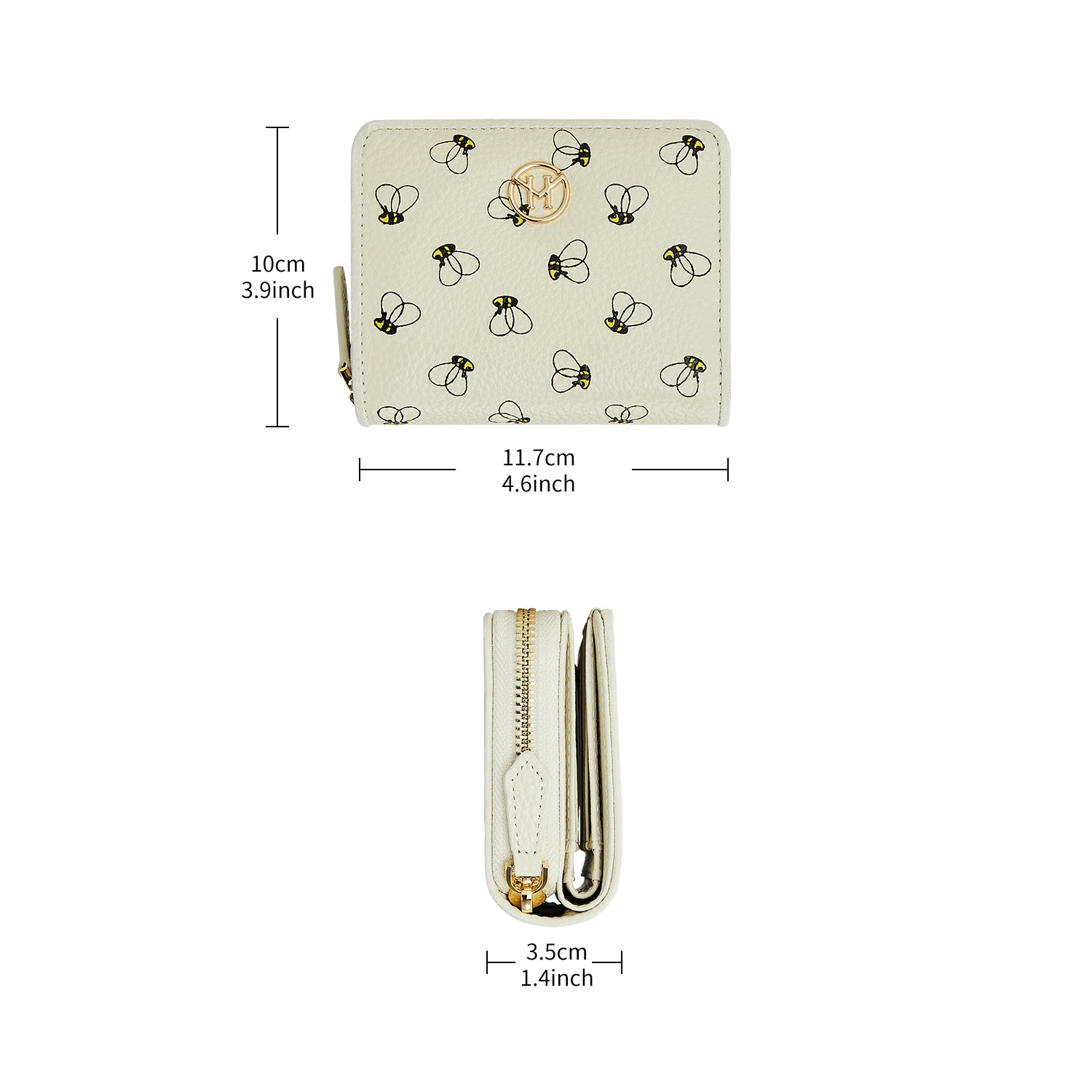 Victoria Hyde Avila white wallet with bee pattern – slim cowhide leather, card slots, bill compartment, zippered coin pocket, light gold hardware, 11.7x10x3.5 cm.
