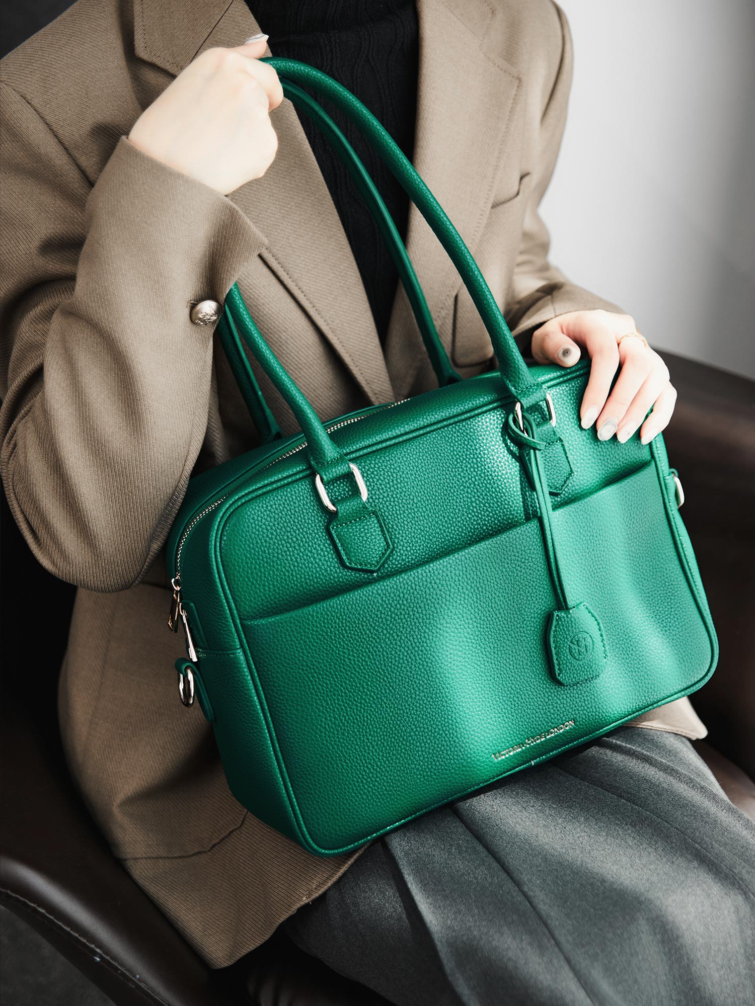 Victoria Hyde Margaret large green work bag with 13" laptop compartment, removable cosmetic pouch, vegan, water-repellent, smart interior.