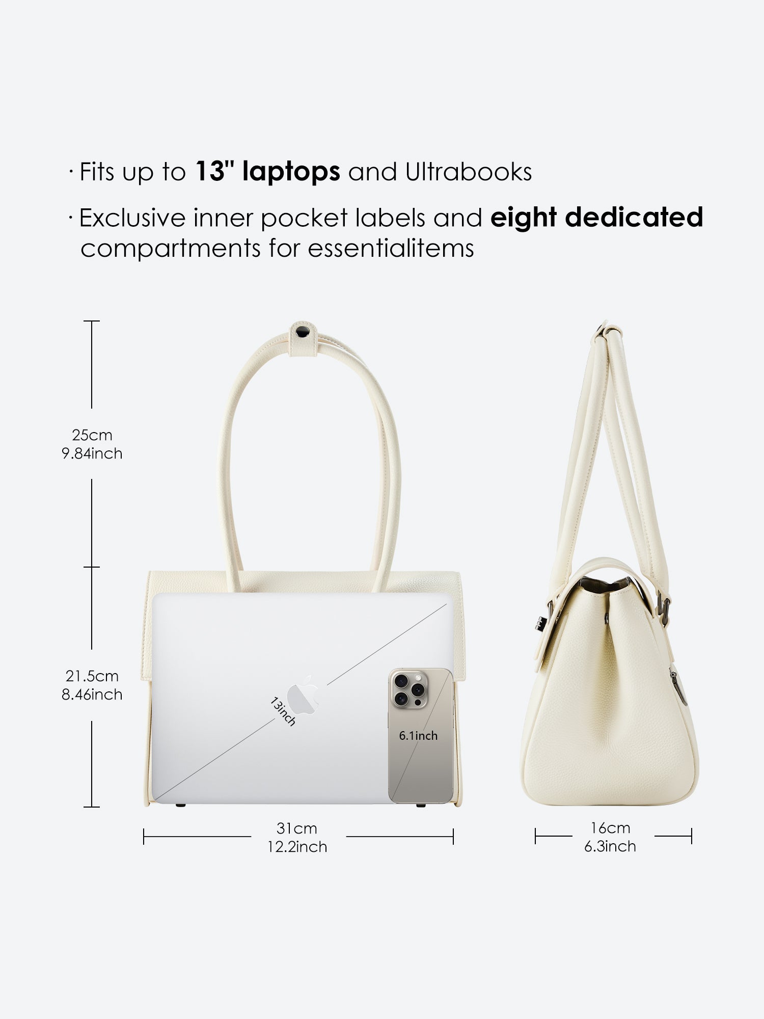 Victoria Hyde Jolene Small White new work bag – pure elegance, tablet compartment for 12.9", vegan leather, water-repellent, perfect for professional women.
