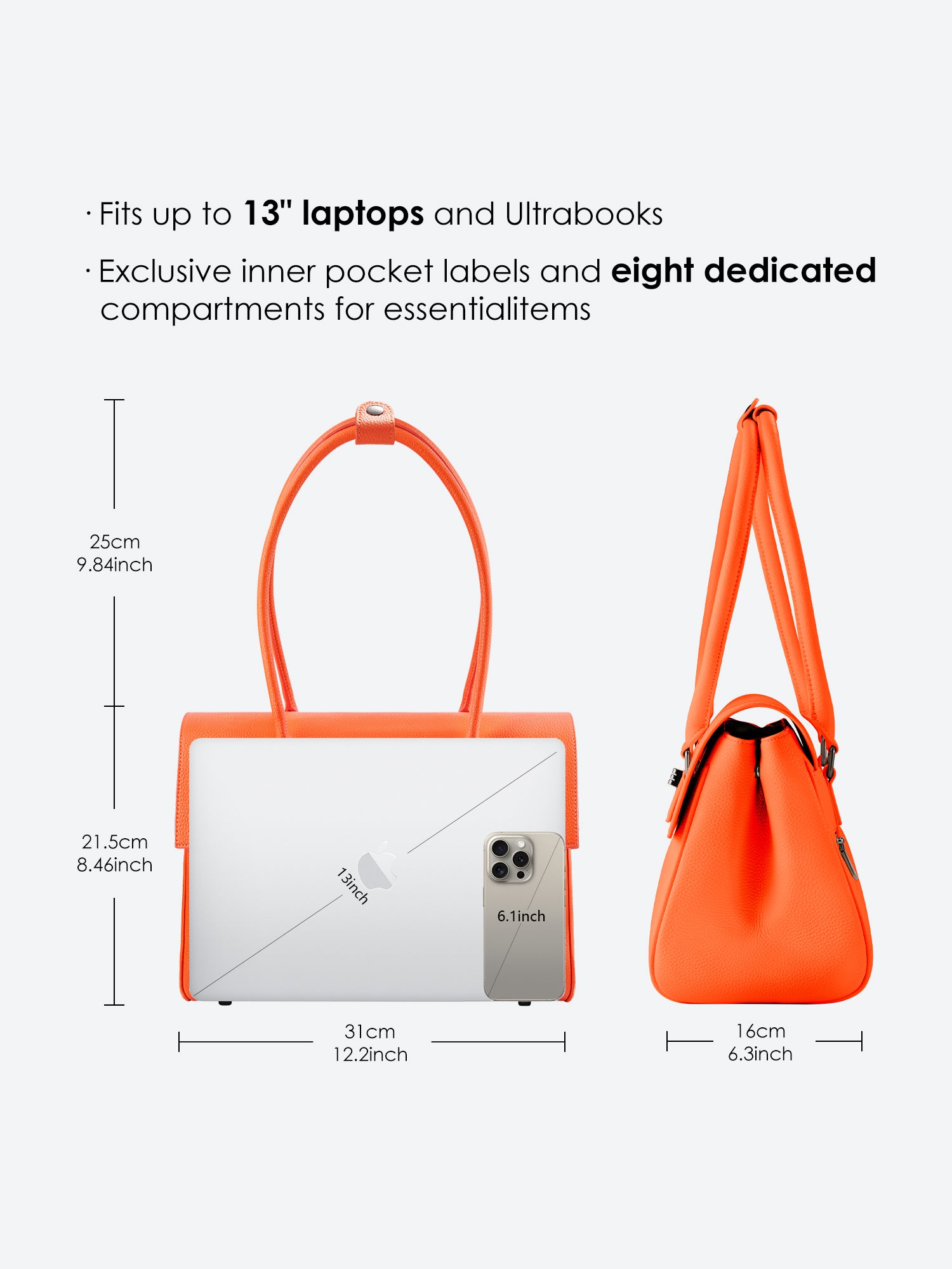 Victoria Hyde Jolene Small Orange new work bag – colorful vegan microfiber leather, tablet compartment for up to 12.9", smart organizer, removable cosmetic bag, water-repellent, for professional power women.