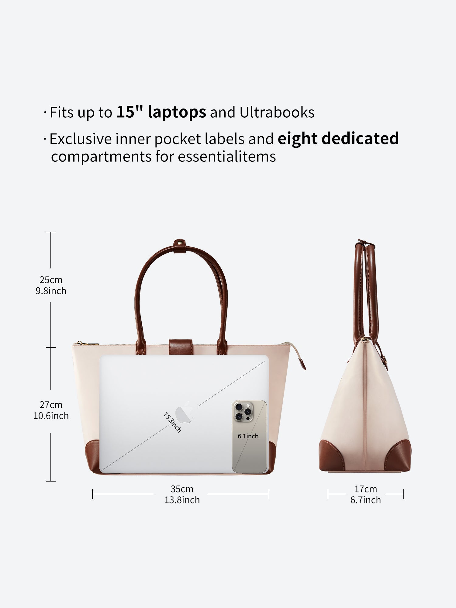 Victoria Hyde Eva Apricot work bag – lightweight, durable nylon, laptop/tablet compartment, smart organizer, removable cosmetic pouch, water-repellent, vegan. Ideal for professional women.