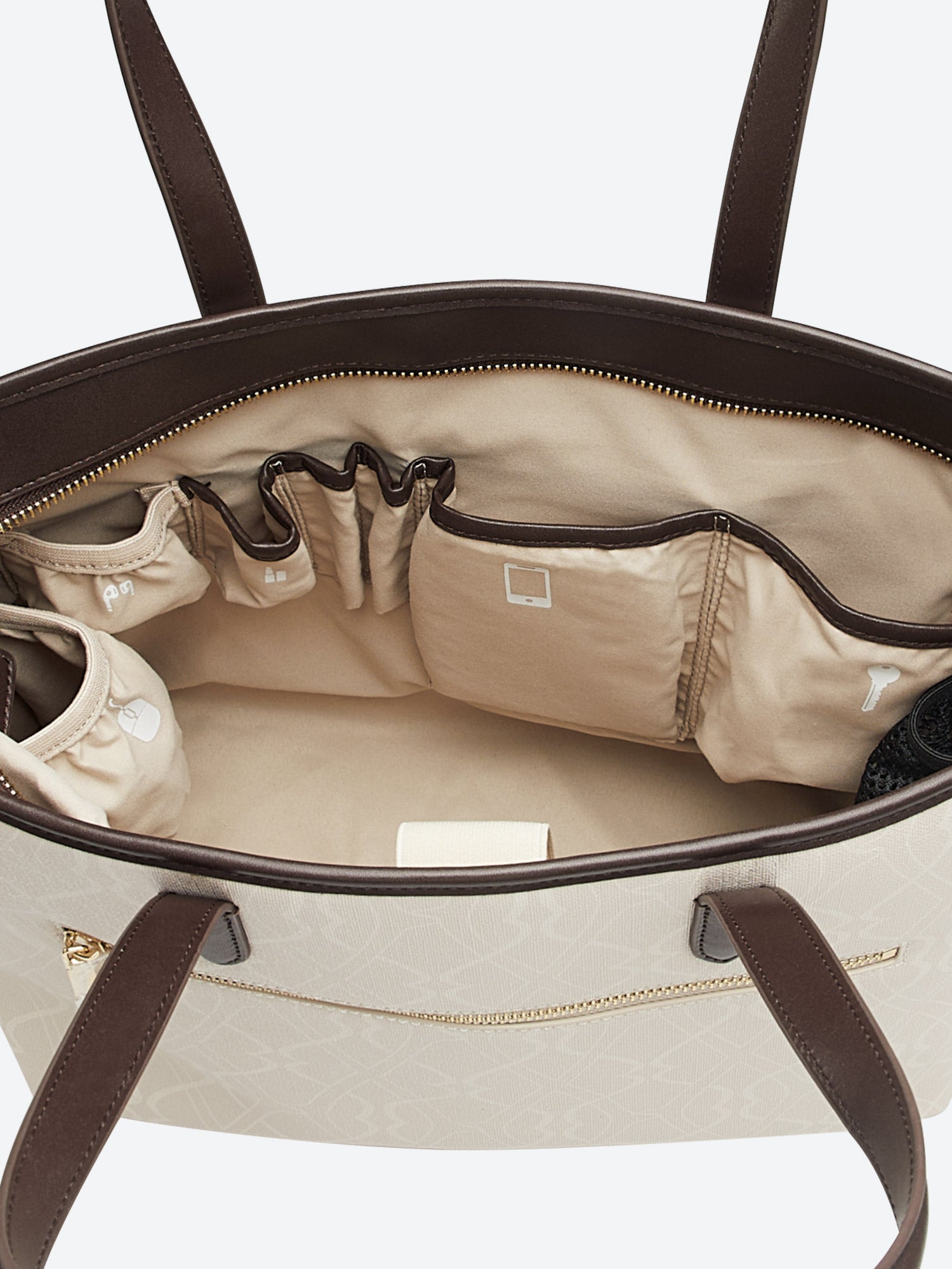 Beige Victoria Hyde Yoana large work bag with padded 15'' laptop compartment, smart interior, removable cosmetic bag, vegan, water-repellent, scratch-resistant microfiber leather.