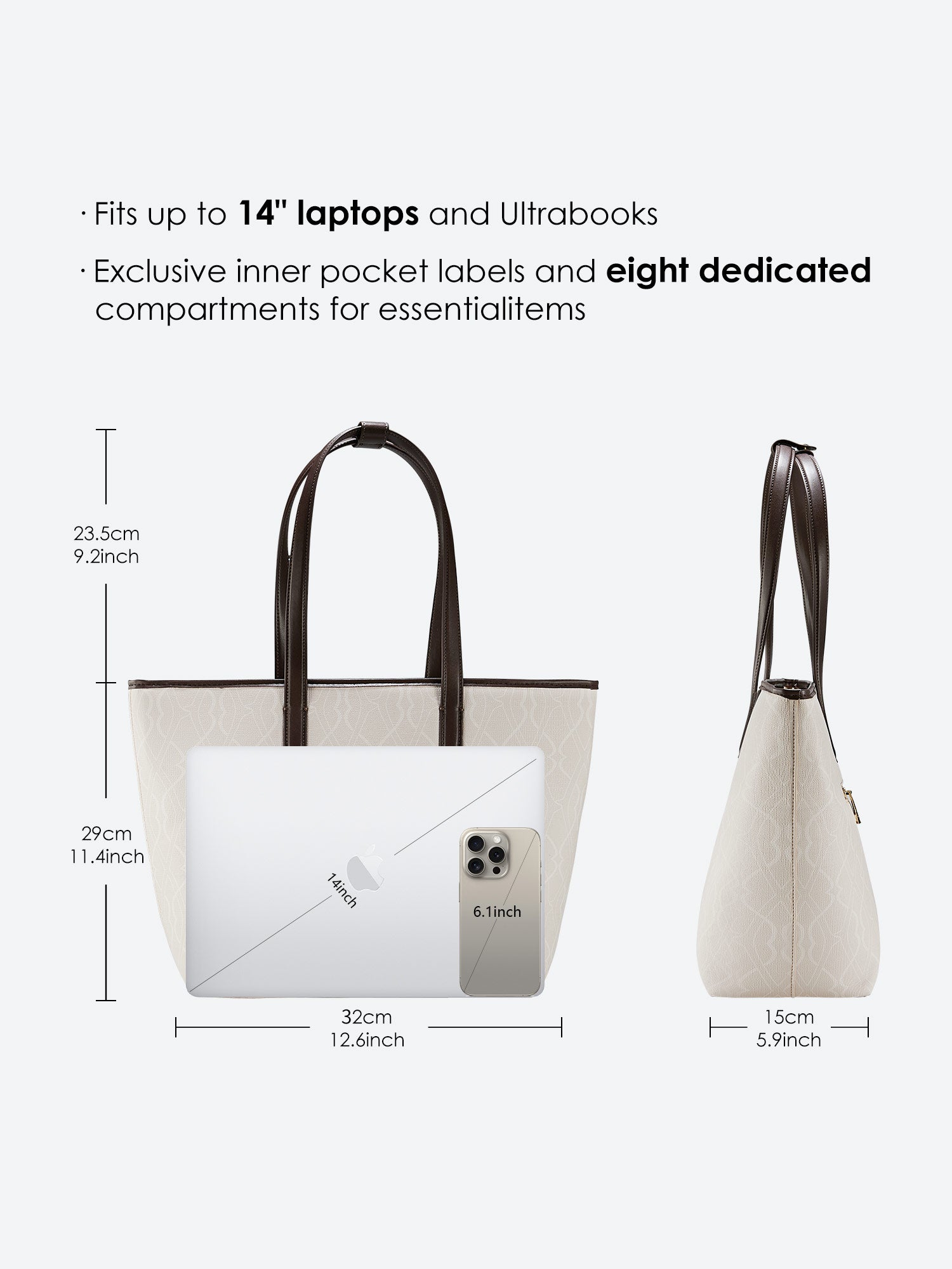 Beige Victoria Hyde Yoana large work bag with padded 15'' laptop compartment, smart interior, removable cosmetic bag, vegan, water-repellent, scratch-resistant microfiber leather.