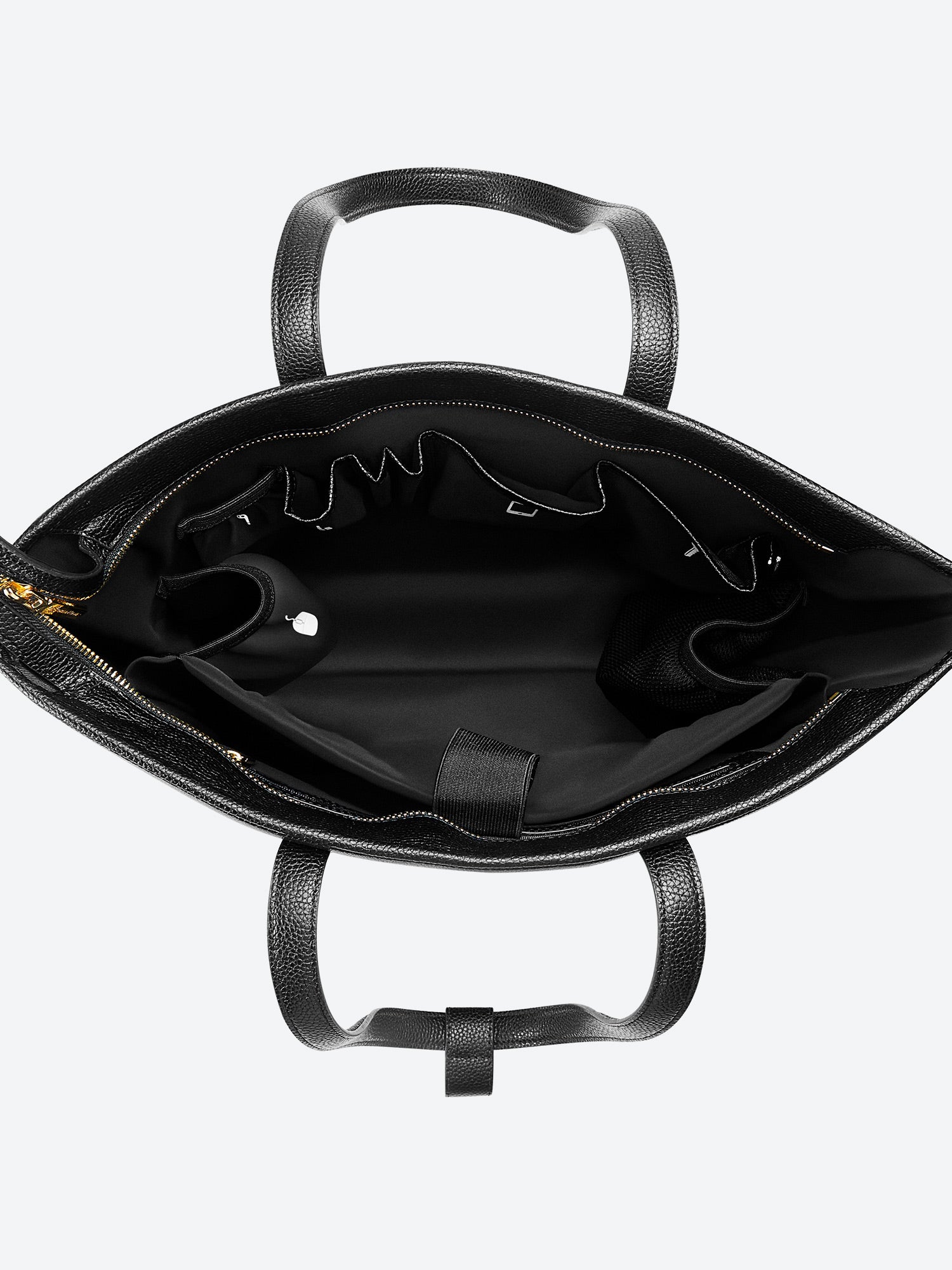 Black Yoana Large work bag by Victoria Hyde. Vegan microfiber leather, Shandong silk lining, padded 15" laptop compartment, removable cosmetic bag, water-repellent. Ideal for commuters.