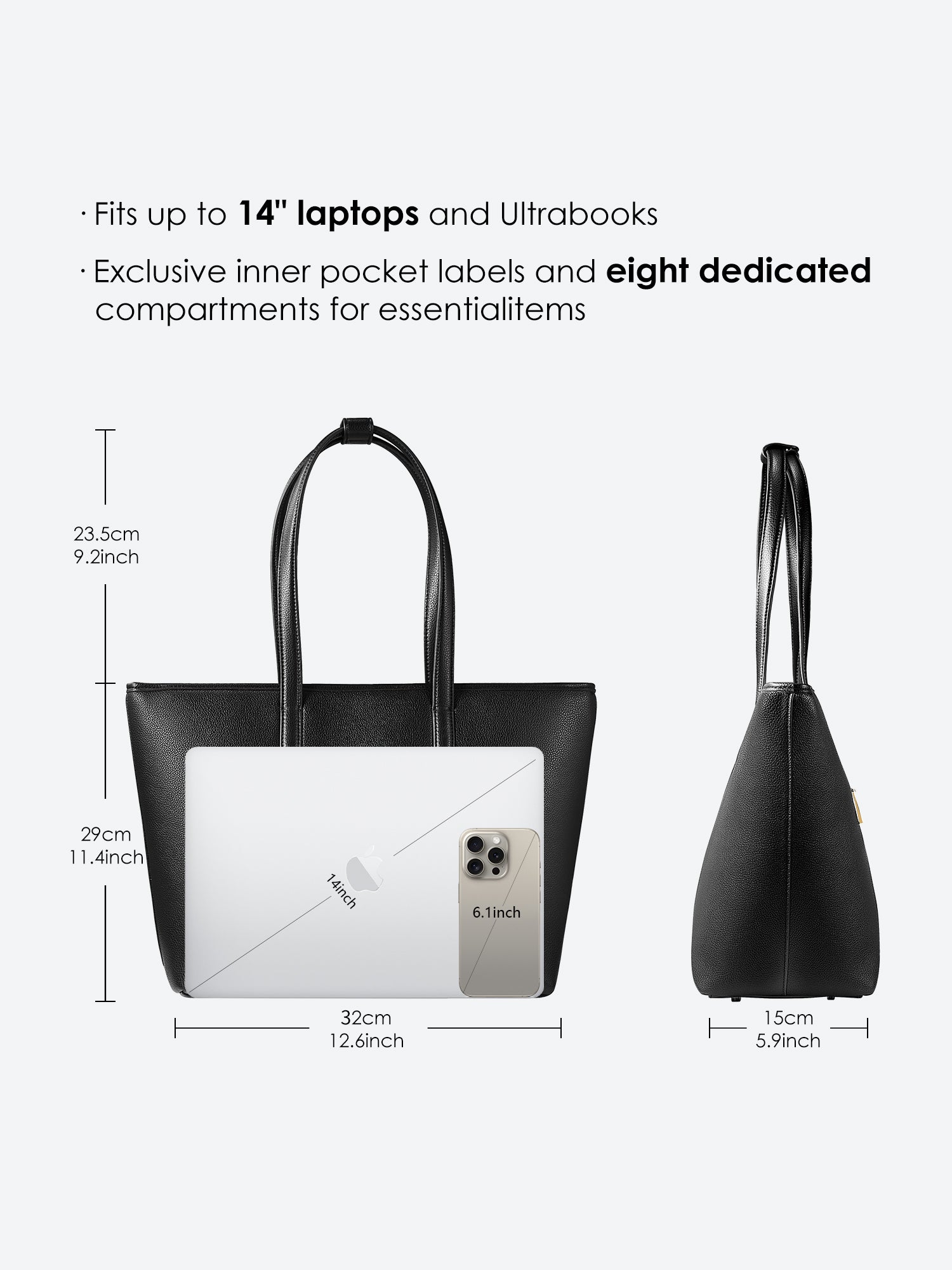 Black Yoana Large work bag by Victoria Hyde. Vegan microfiber leather, Shandong silk lining, padded 15" laptop compartment, removable cosmetic bag, water-repellent. Ideal for commuters.