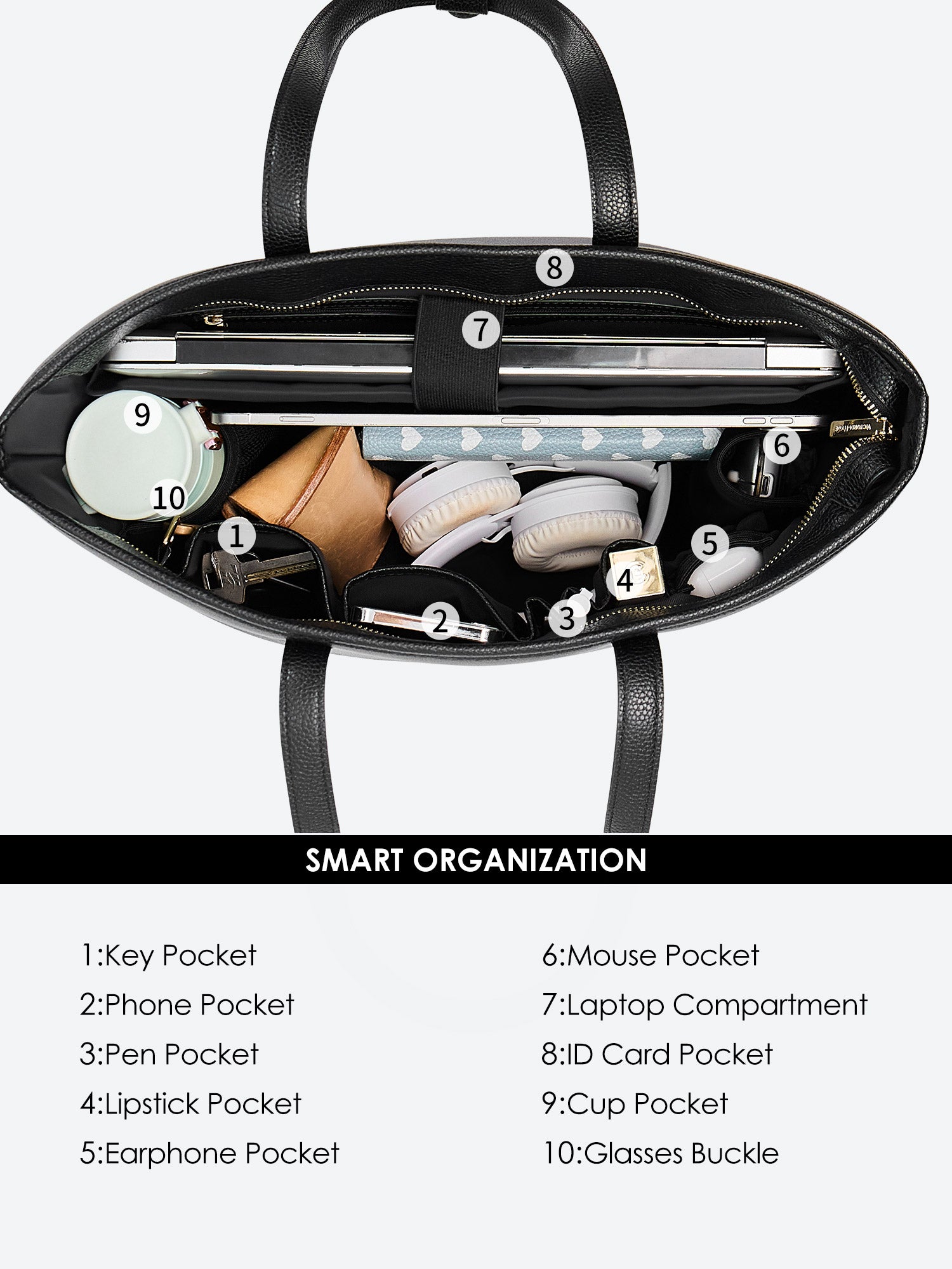 Black Yoana Large work bag by Victoria Hyde. Vegan microfiber leather, Shandong silk lining, padded 15" laptop compartment, removable cosmetic bag, water-repellent. Ideal for commuters.