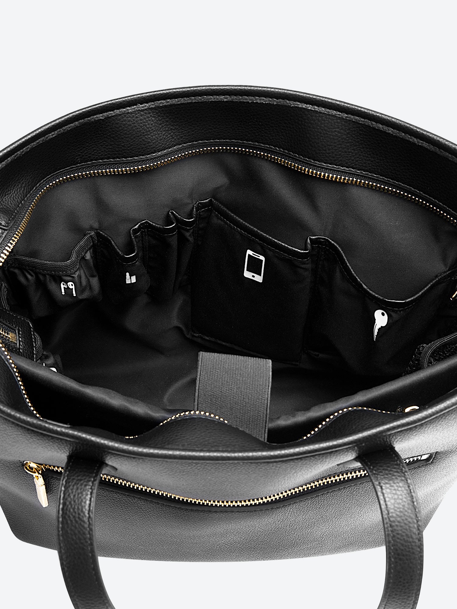 Black Yoana Large work bag by Victoria Hyde. Vegan microfiber leather, Shandong silk lining, padded 15" laptop compartment, removable cosmetic bag, water-repellent. Ideal for commuters.