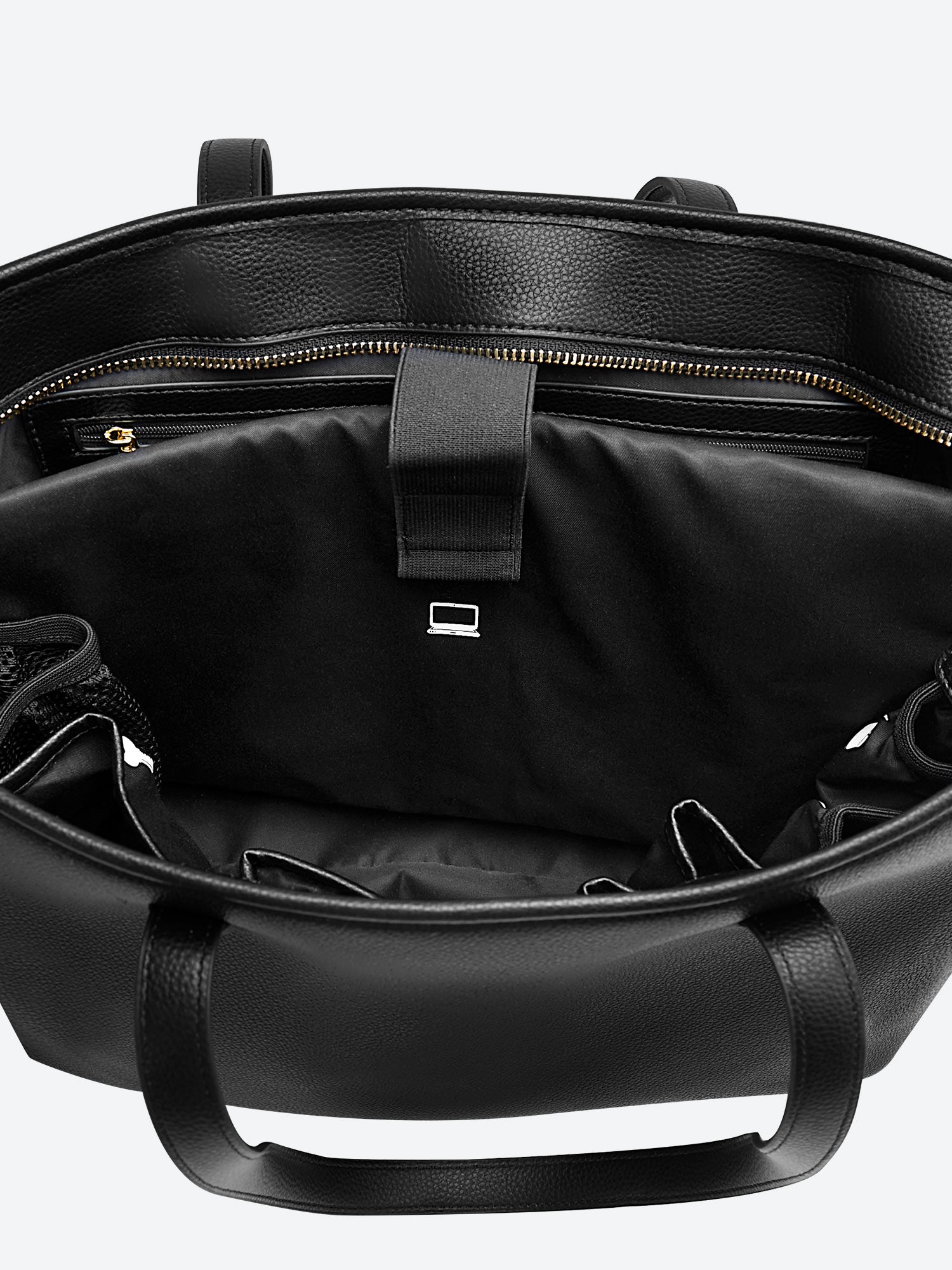 Black Yoana Large work bag by Victoria Hyde. Vegan microfiber leather, Shandong silk lining, padded 15" laptop compartment, removable cosmetic bag, water-repellent. Ideal for commuters.