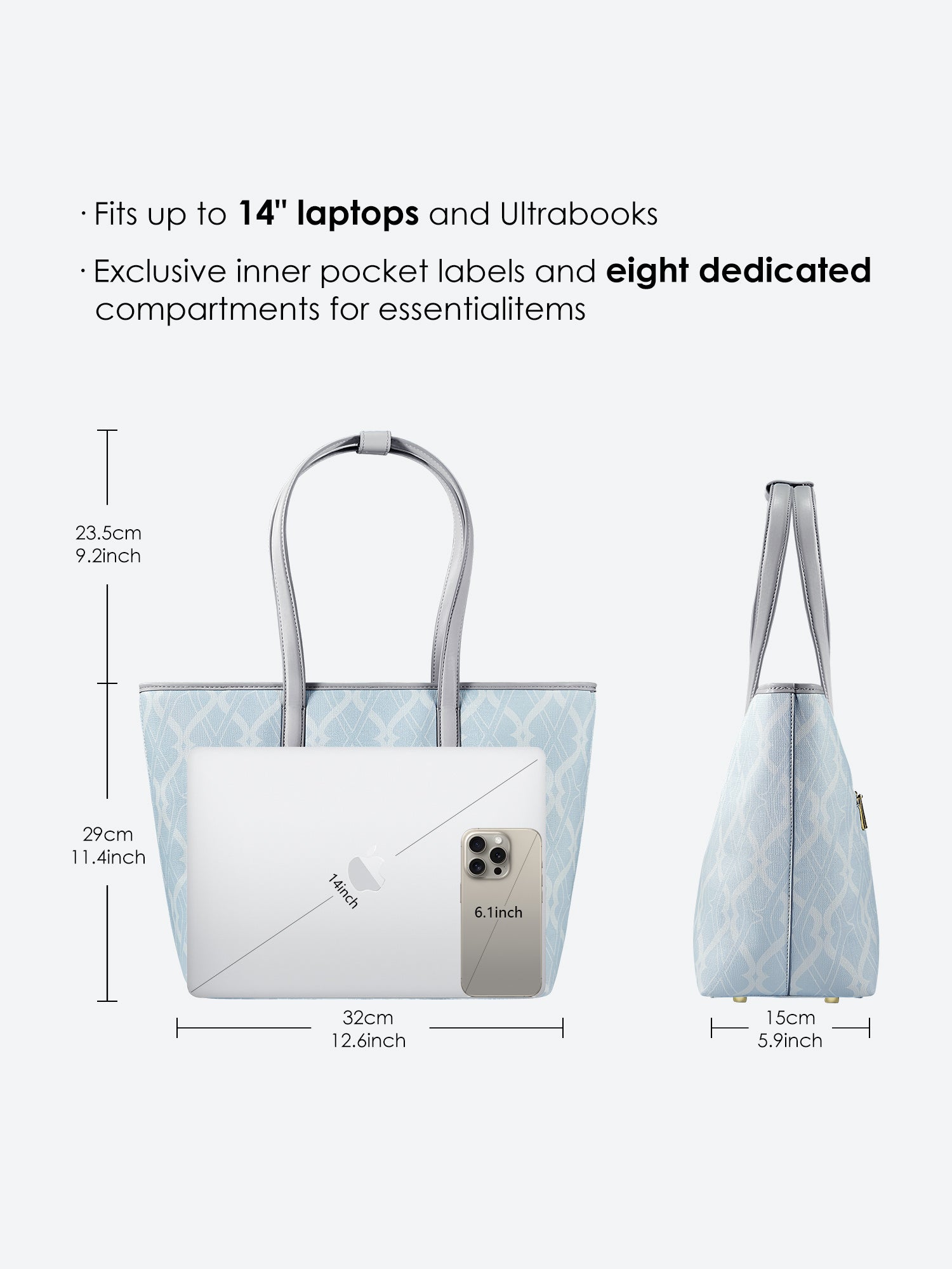Victoria Hyde Yoana Large work bag in light blue, vegan, water-repellent, with laptop compartment and removable cosmetic bag.