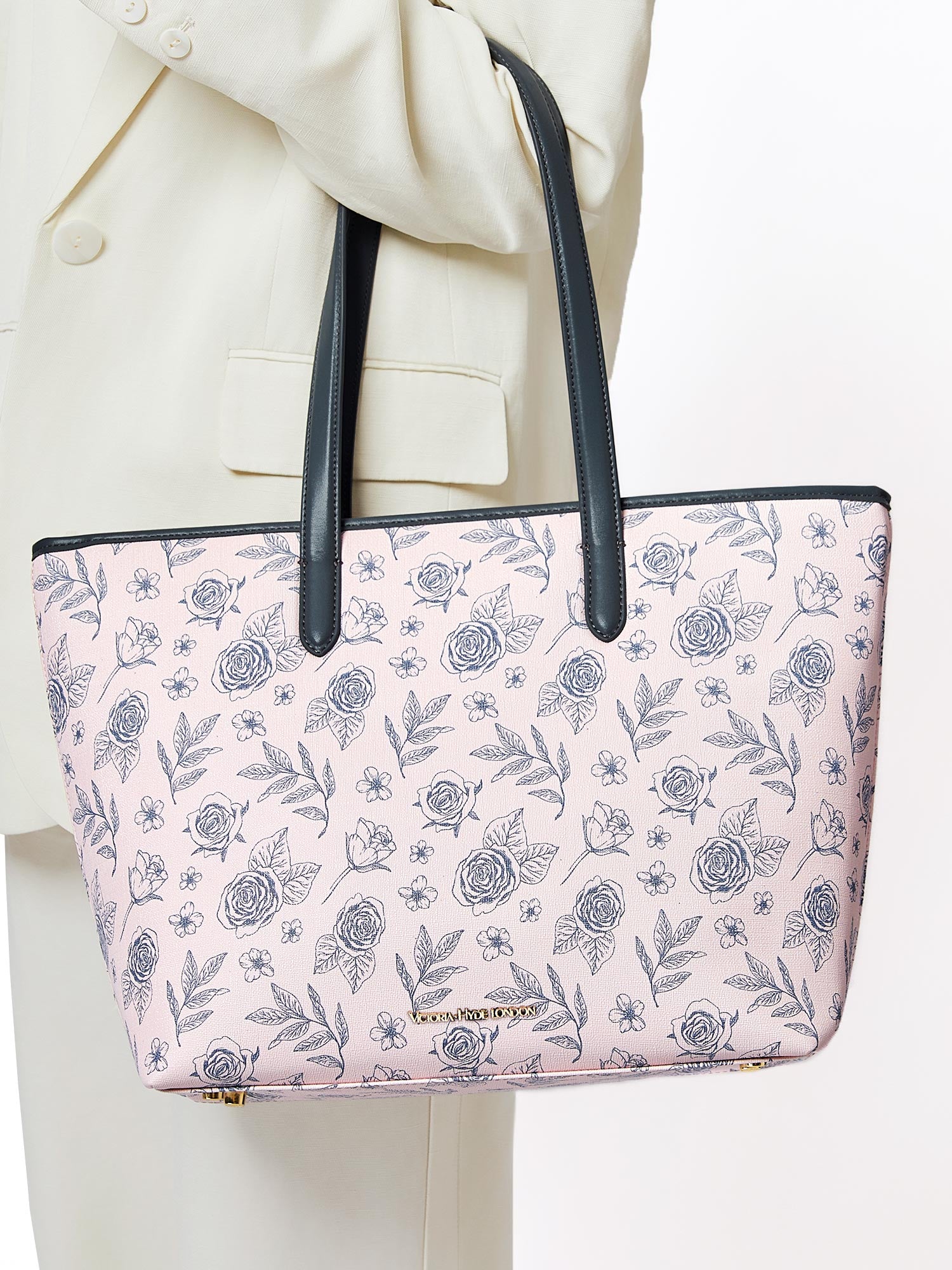 Pink Victoria Hyde Yoana Large work bag with laptop compartment, removable cosmetic pouch, vegan microfiber leather, and Shandong silk lining. Perfect for commuters.
