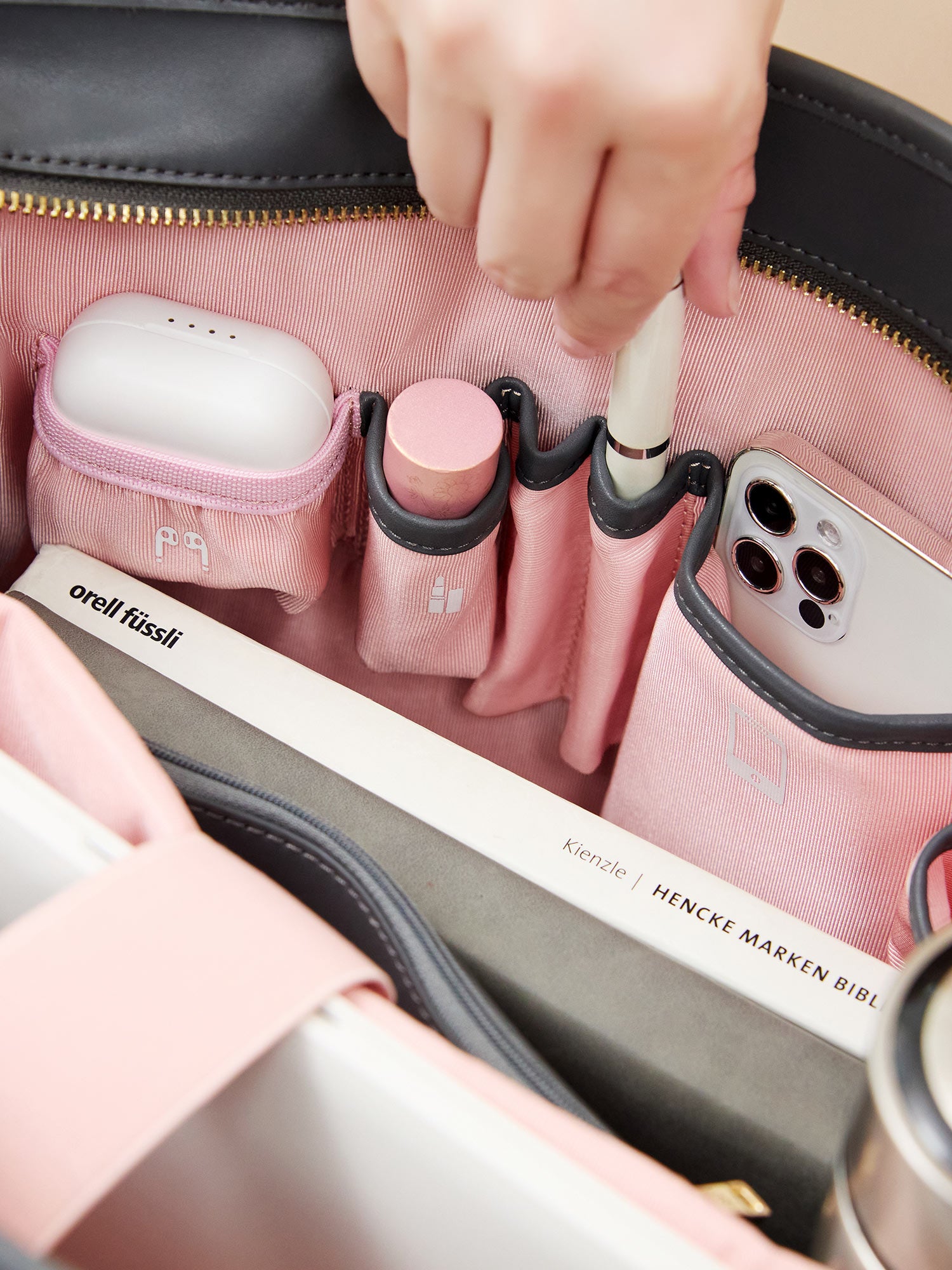 Pink Victoria Hyde Yoana Large work bag with laptop compartment, removable cosmetic pouch, vegan microfiber leather, and Shandong silk lining. Perfect for commuters.