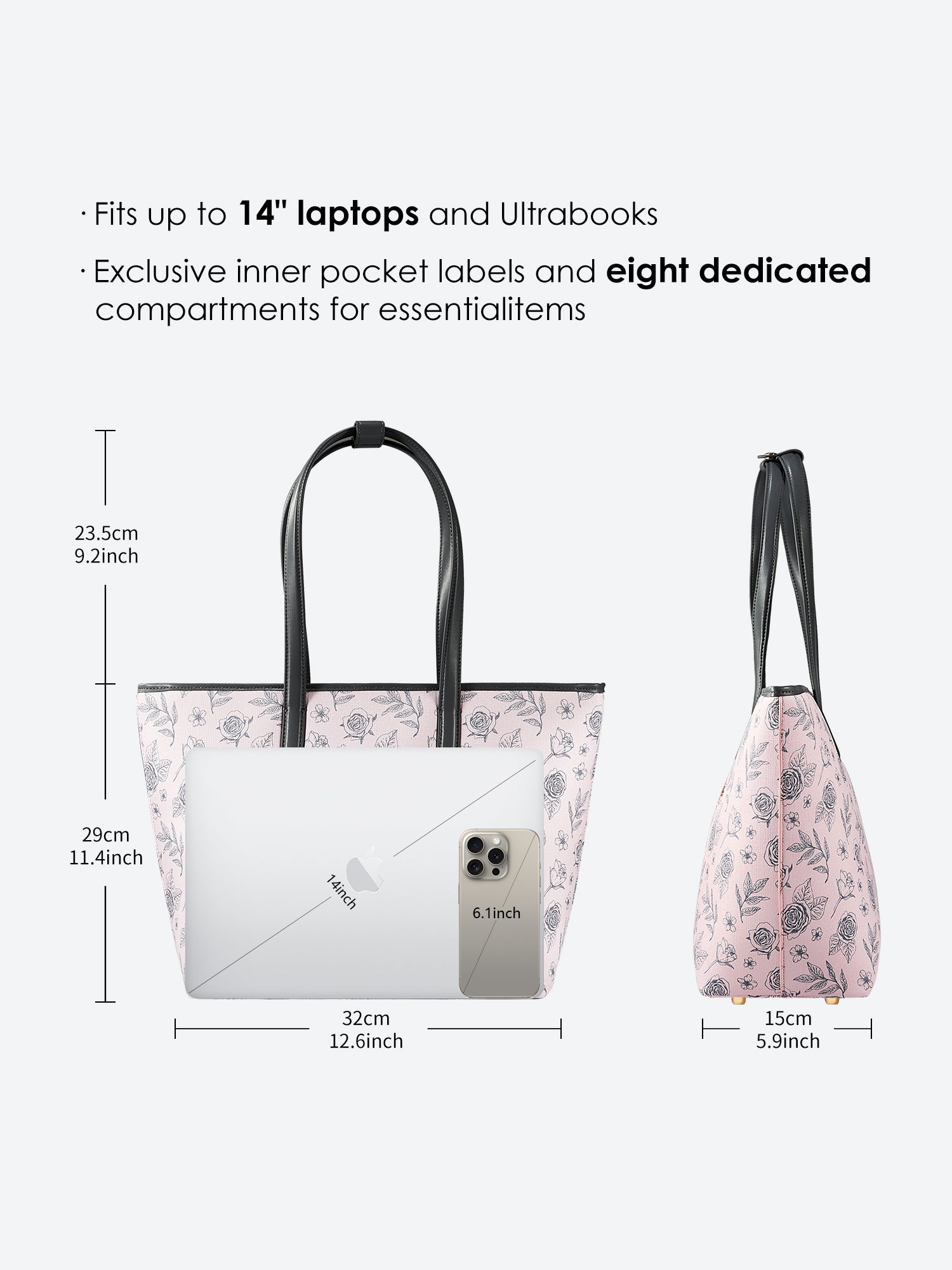 Pink Victoria Hyde Yoana Large work bag with laptop compartment, removable cosmetic pouch, vegan microfiber leather, and Shandong silk lining. Perfect for commuters.