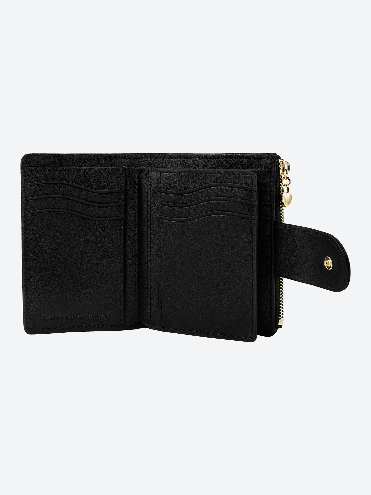 Victoria Hyde Rosi black genuine leather wallet, multifunctional design with 19 card slots, side bill compartment, and zippered coin pocket.
