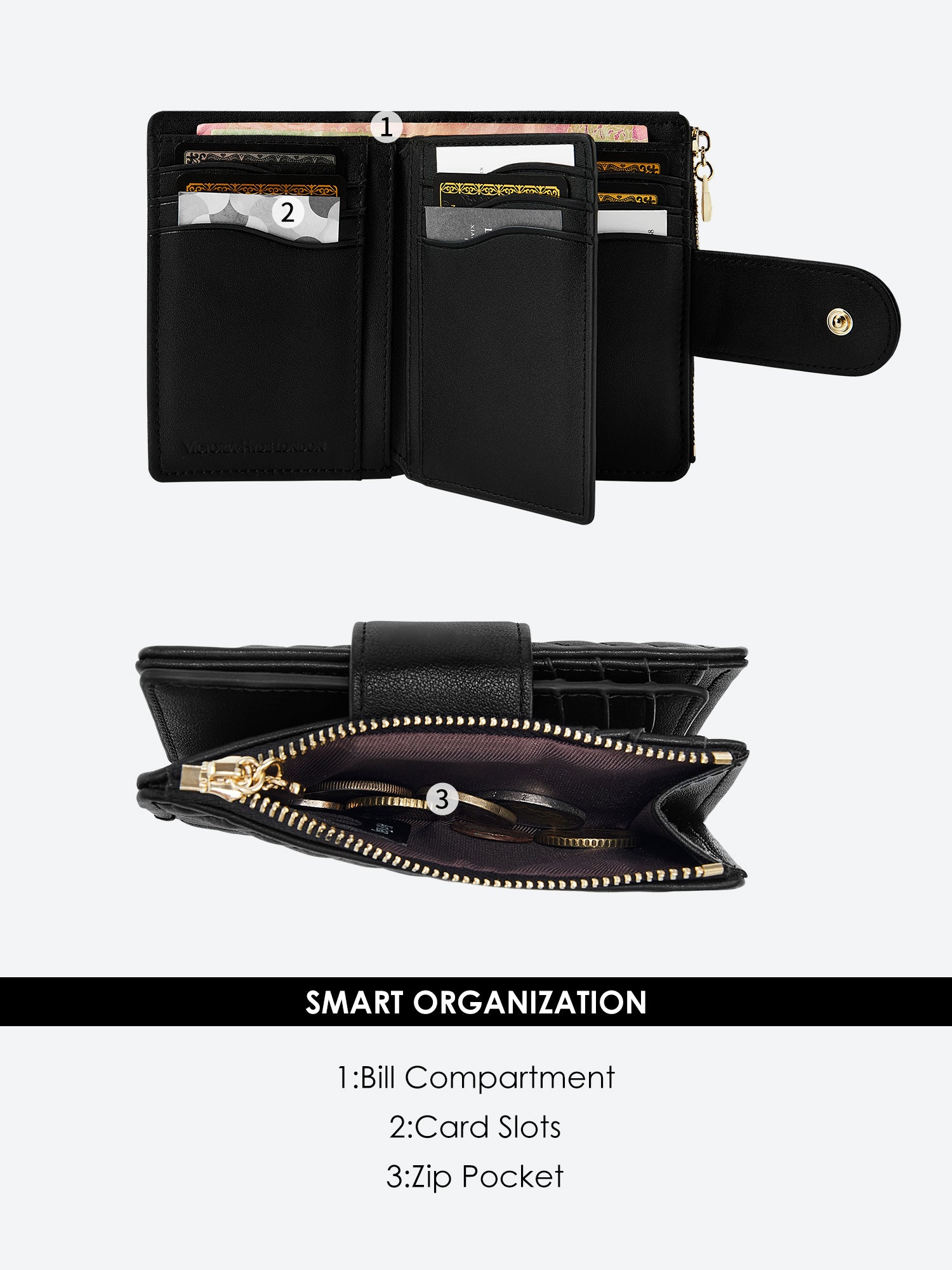 Victoria Hyde Rosi black genuine leather wallet, multifunctional design with 19 card slots, side bill compartment, and zippered coin pocket.