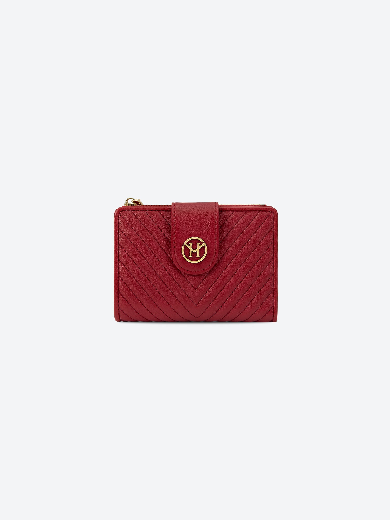 Victoria Hyde "Rosi" genuine leather wallet in cherry red. Multifunctional with 19+4 card slots, bill compartment, zippered coin pocket. Compact size: 12.4x9x2.5 cm.