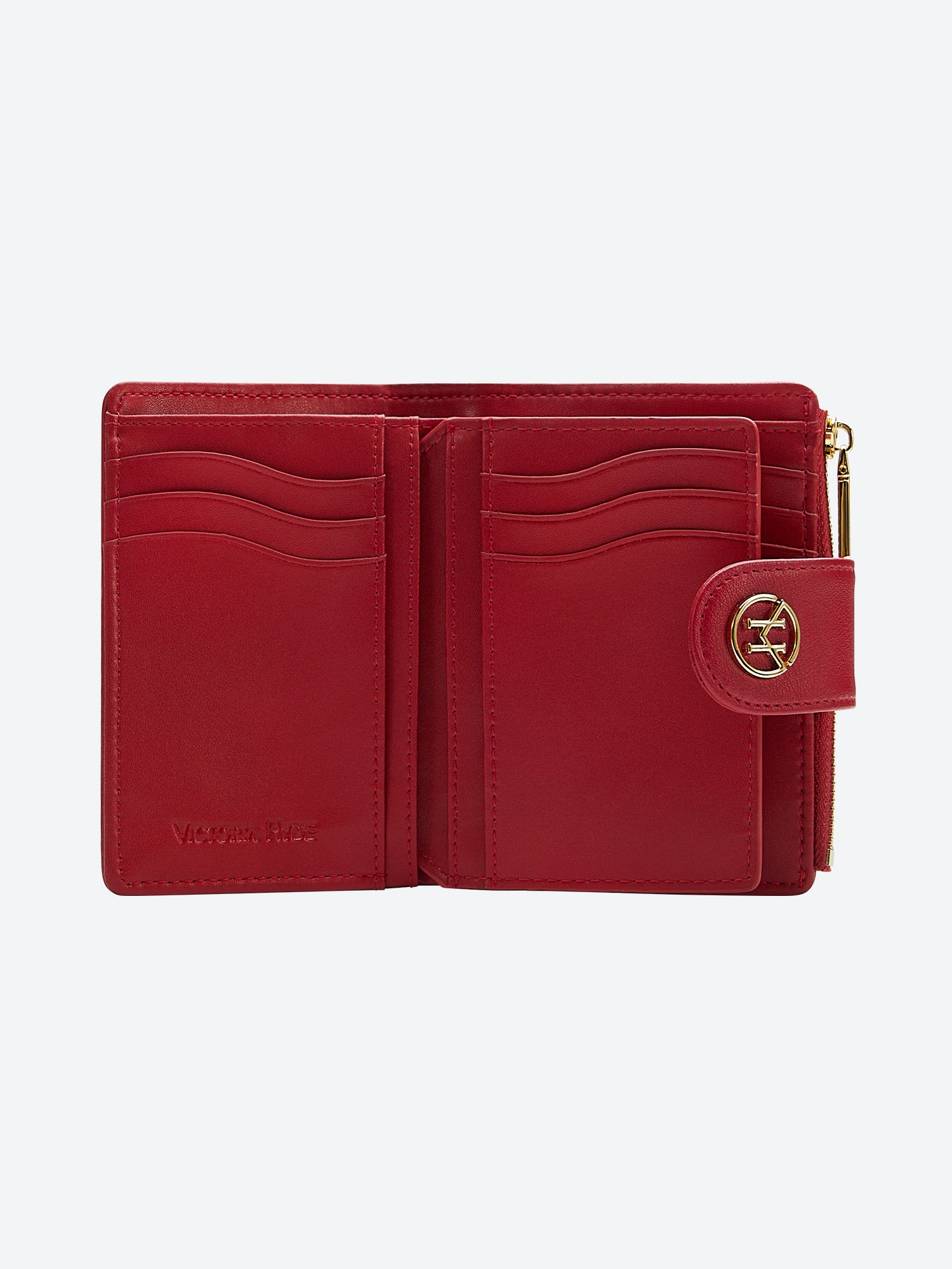 Victoria Hyde "Rosi" genuine leather wallet in cherry red. Multifunctional with 19+4 card slots, bill compartment, zippered coin pocket. Compact size: 12.4x9x2.5 cm.