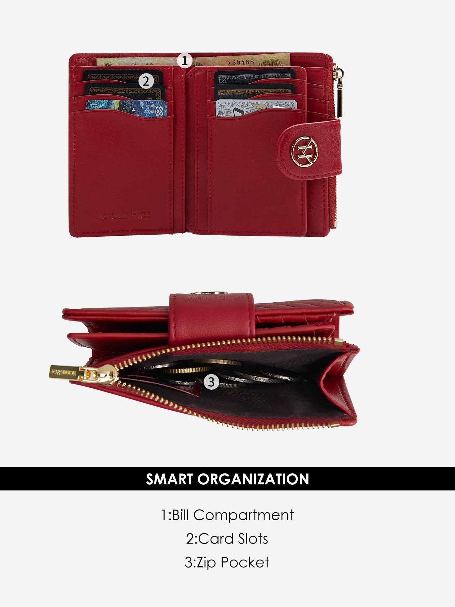 Victoria Hyde "Rosi" genuine leather wallet in cherry red. Multifunctional with 19+4 card slots, bill compartment, zippered coin pocket. Compact size: 12.4x9x2.5 cm.