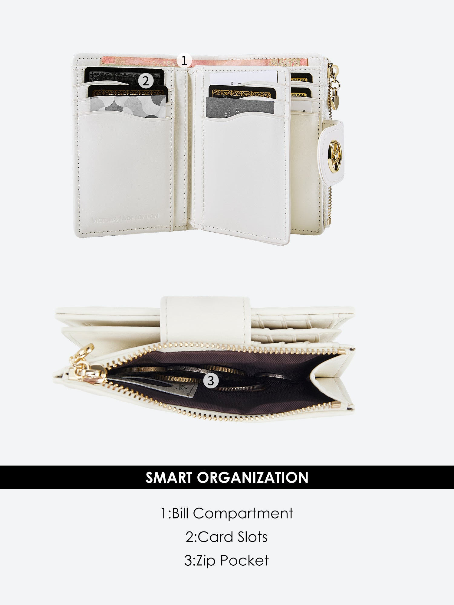 Victoria Hyde Rosi milk-white genuine leather wallet with 23 card slots, bill compartment, and zippered coin pocket. Multifunctional and elegant.