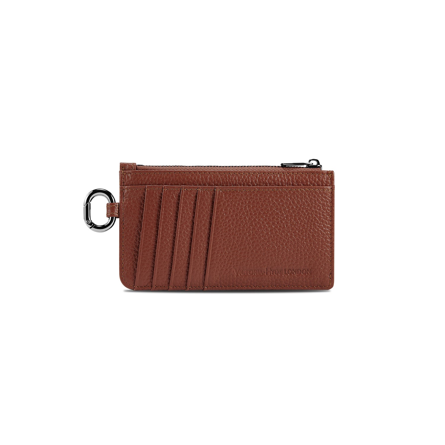 Victoria Hyde real leather card case in caramel: unisex, multifunctional, with 10 card slots, ticket pocket, coin zippered organza pouch & removable clasp.