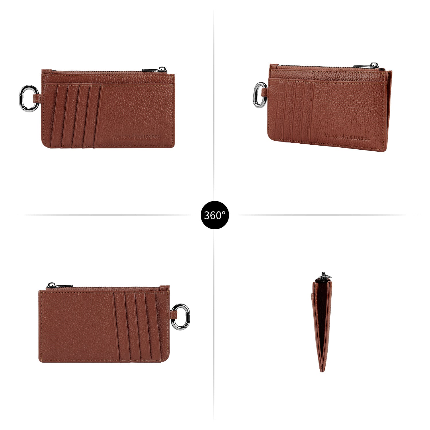 Victoria Hyde real leather card case in caramel: unisex, multifunctional, with 10 card slots, ticket pocket, coin zippered organza pouch & removable clasp.