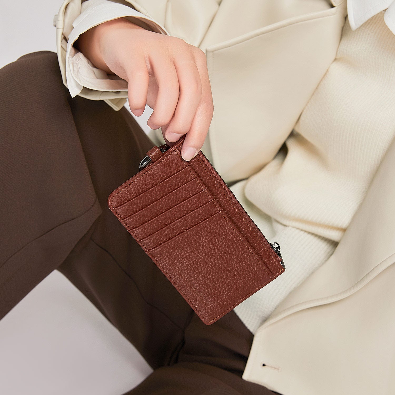 Victoria Hyde real leather card case in caramel: unisex, multifunctional, with 10 card slots, ticket pocket, coin zippered organza pouch &amp; removable clasp.