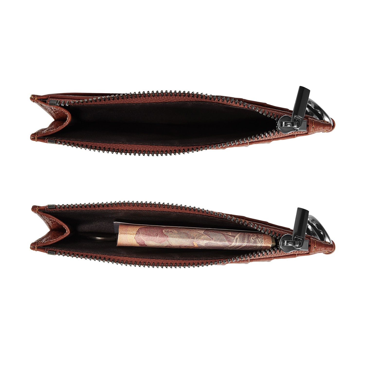 Victoria Hyde real leather card case in caramel: unisex, multifunctional, with 10 card slots, ticket pocket, coin zippered organza pouch & removable clasp.