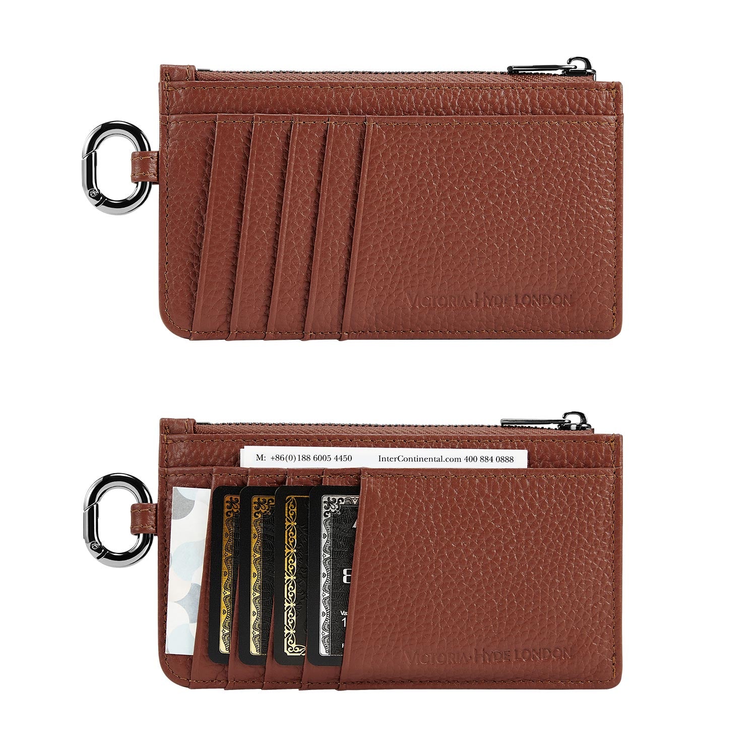 Victoria Hyde real leather card case in caramel: unisex, multifunctional, with 10 card slots, ticket pocket, coin zippered organza pouch & removable clasp.