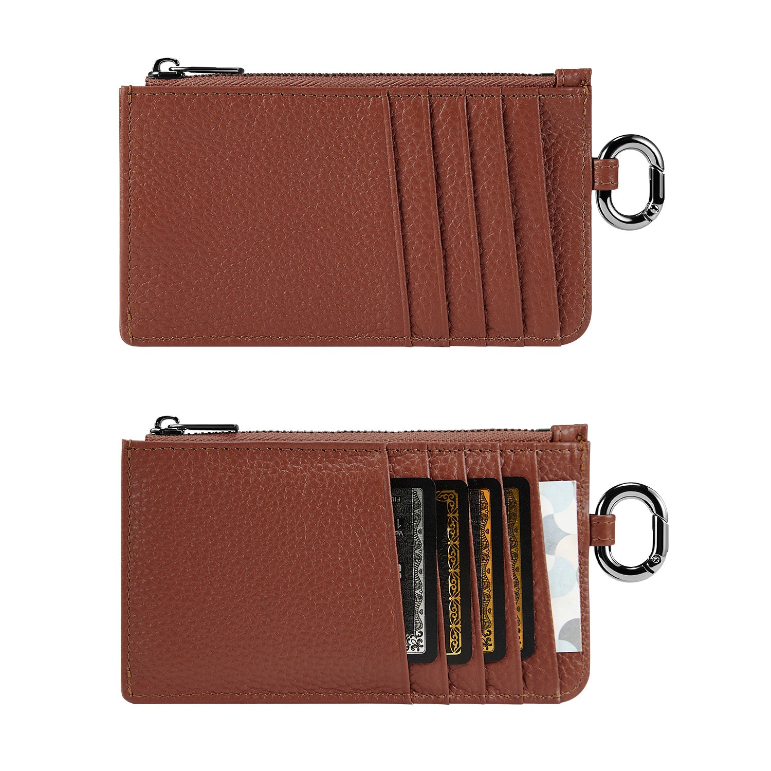 Victoria Hyde real leather card case in caramel: unisex, multifunctional, with 10 card slots, ticket pocket, coin zippered organza pouch & removable clasp.